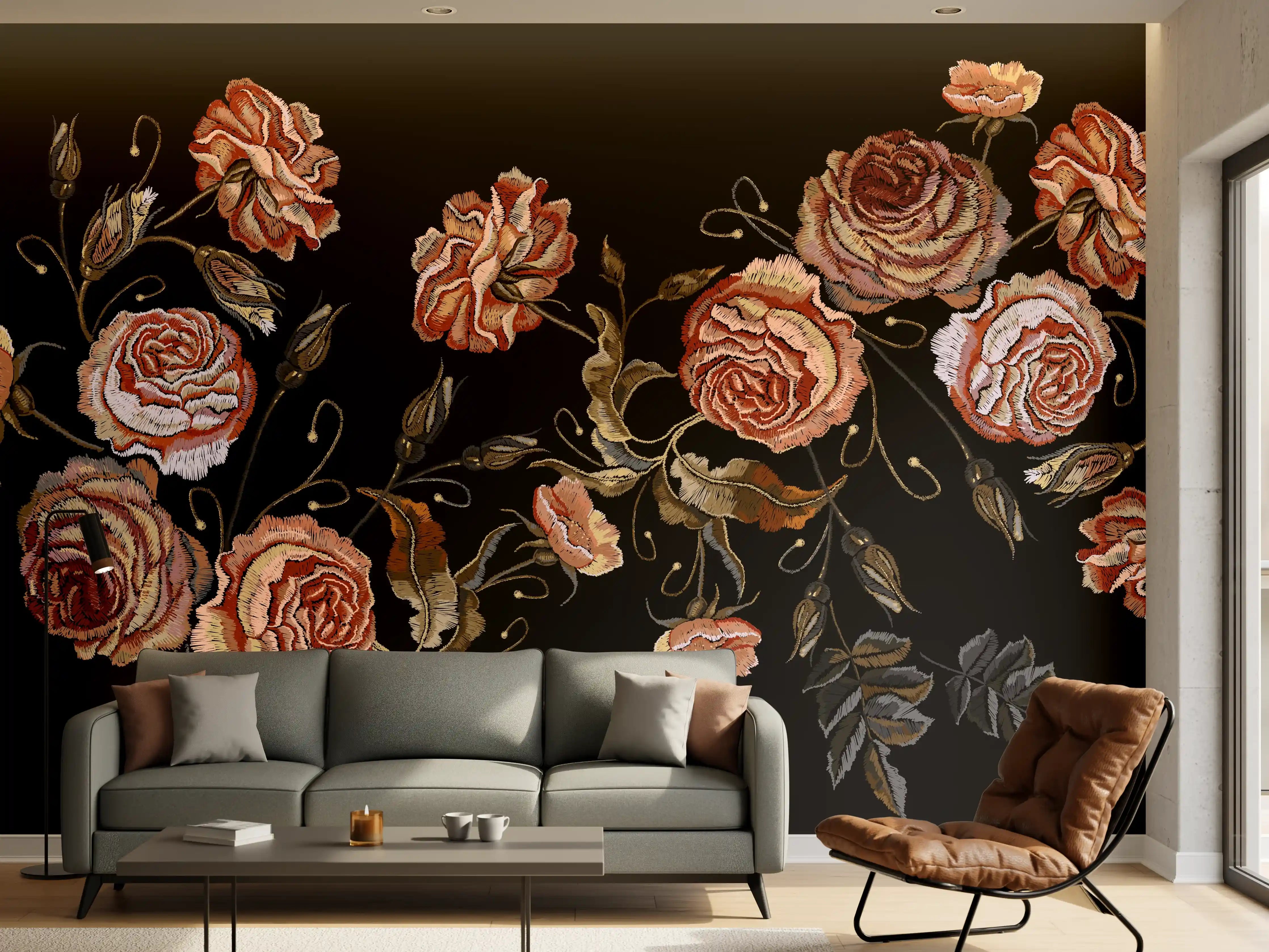 Wandverkleidung Wohnzimmer - Rosenstickerei Renaissance Schwarz