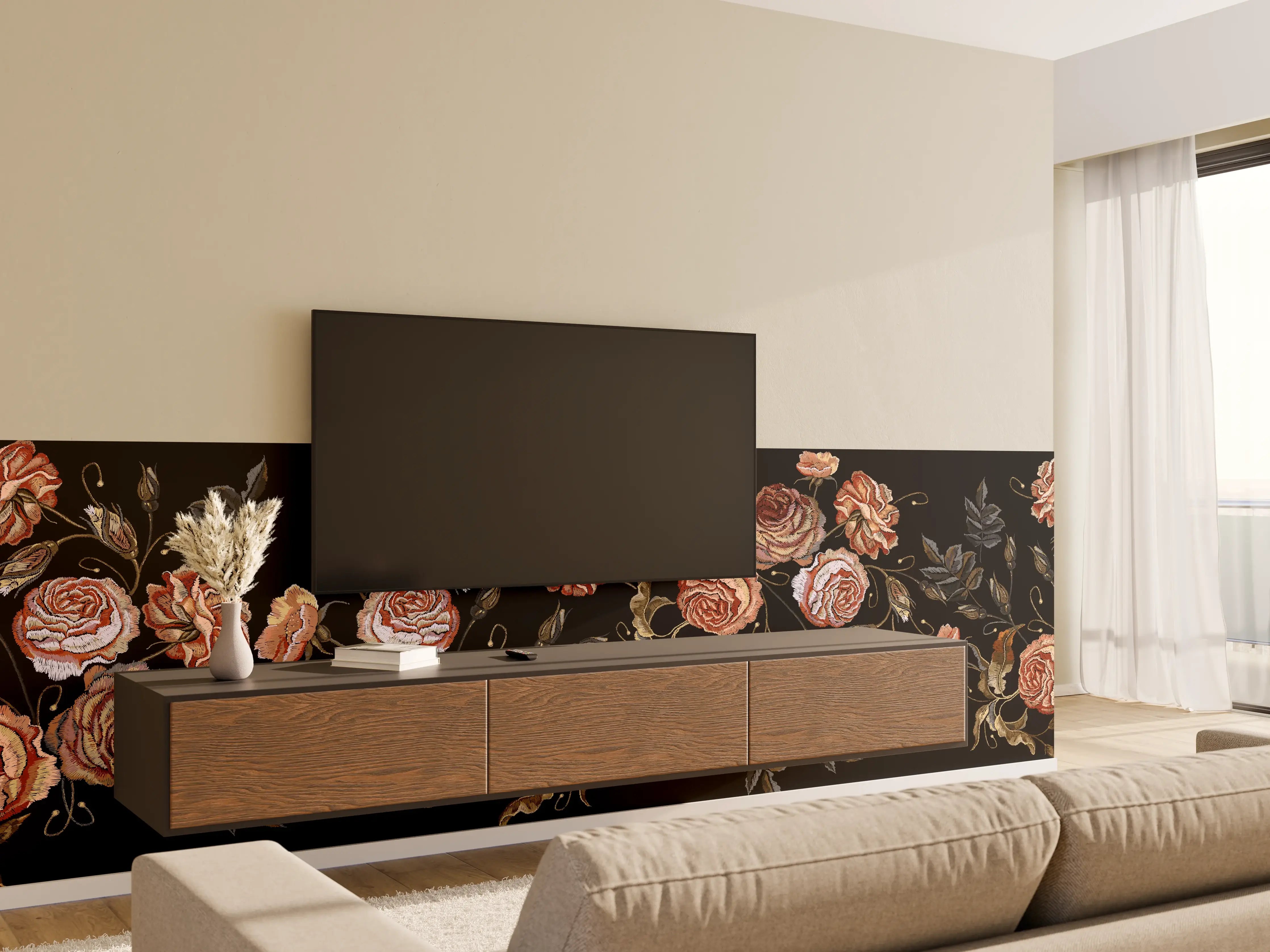 Wandverkleidung Wohnzimmer - Rosenstickerei Renaissance Schwarz