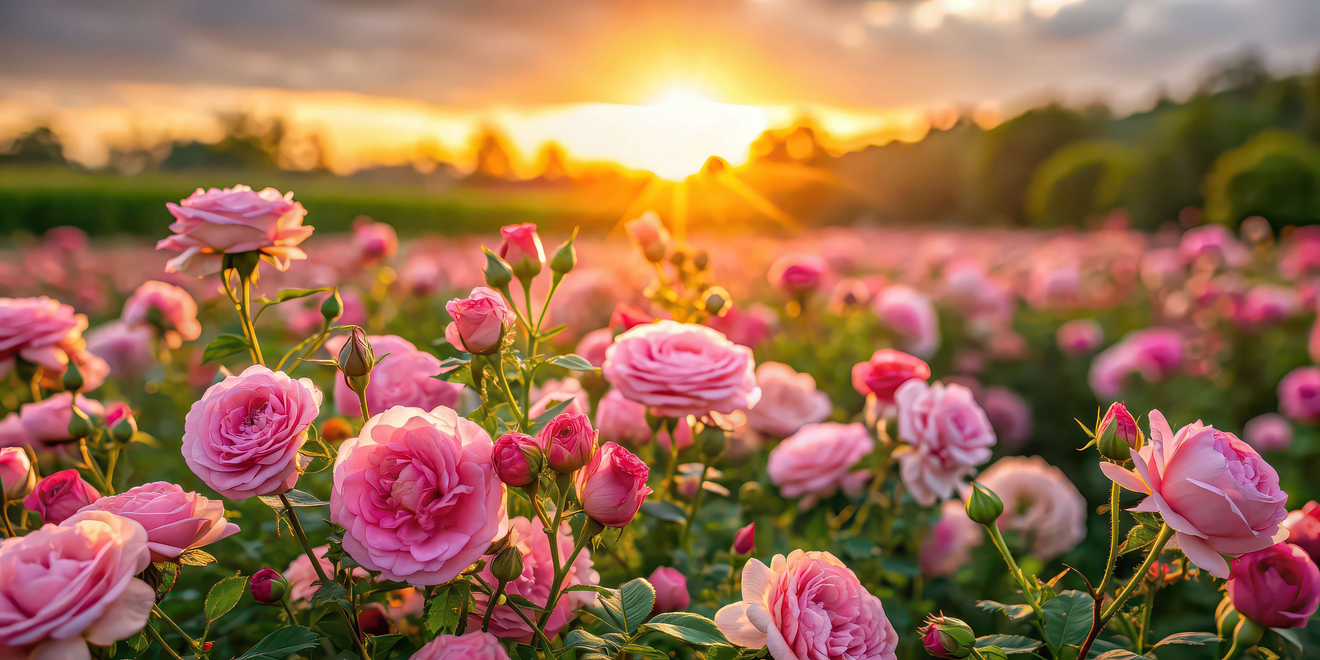 Wandverkleidung Wohnzimmer-Rosenwiese bei Sonnenuntergang