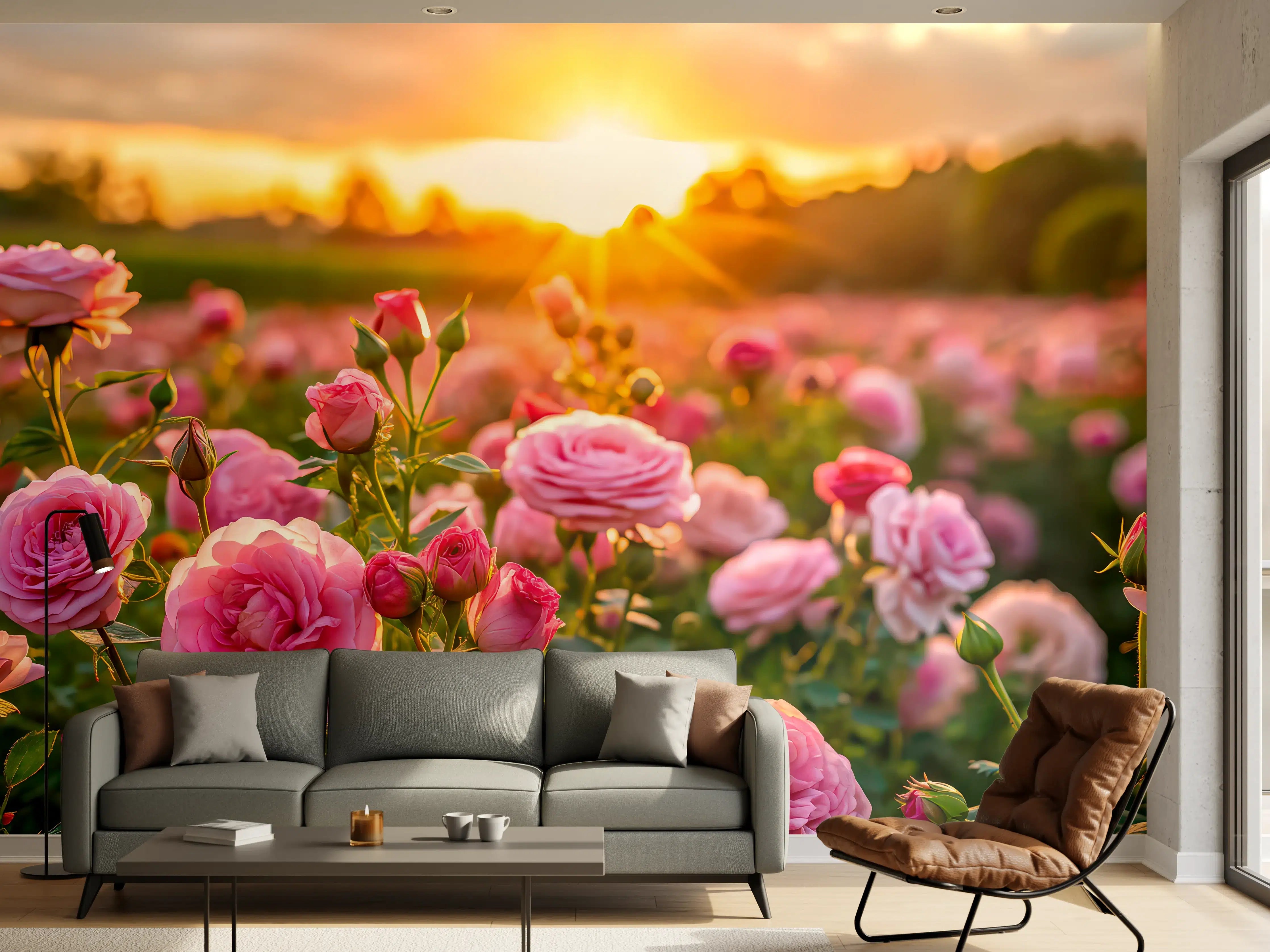 Wandverkleidung Wohnzimmer - Rosenwiese bei Sonnenuntergang