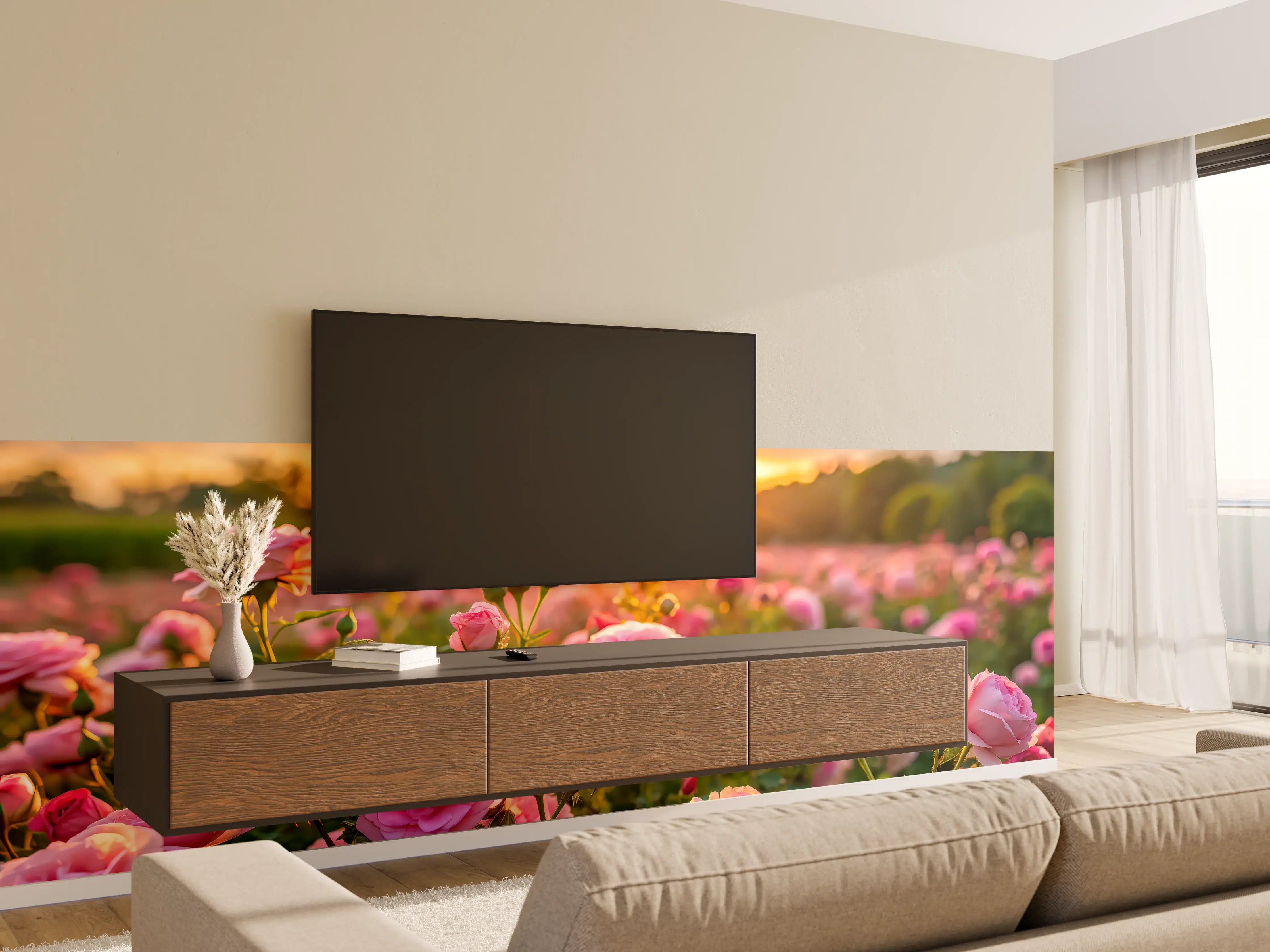 Wandverkleidung Wohnzimmer - Rosenwiese bei Sonnenuntergang