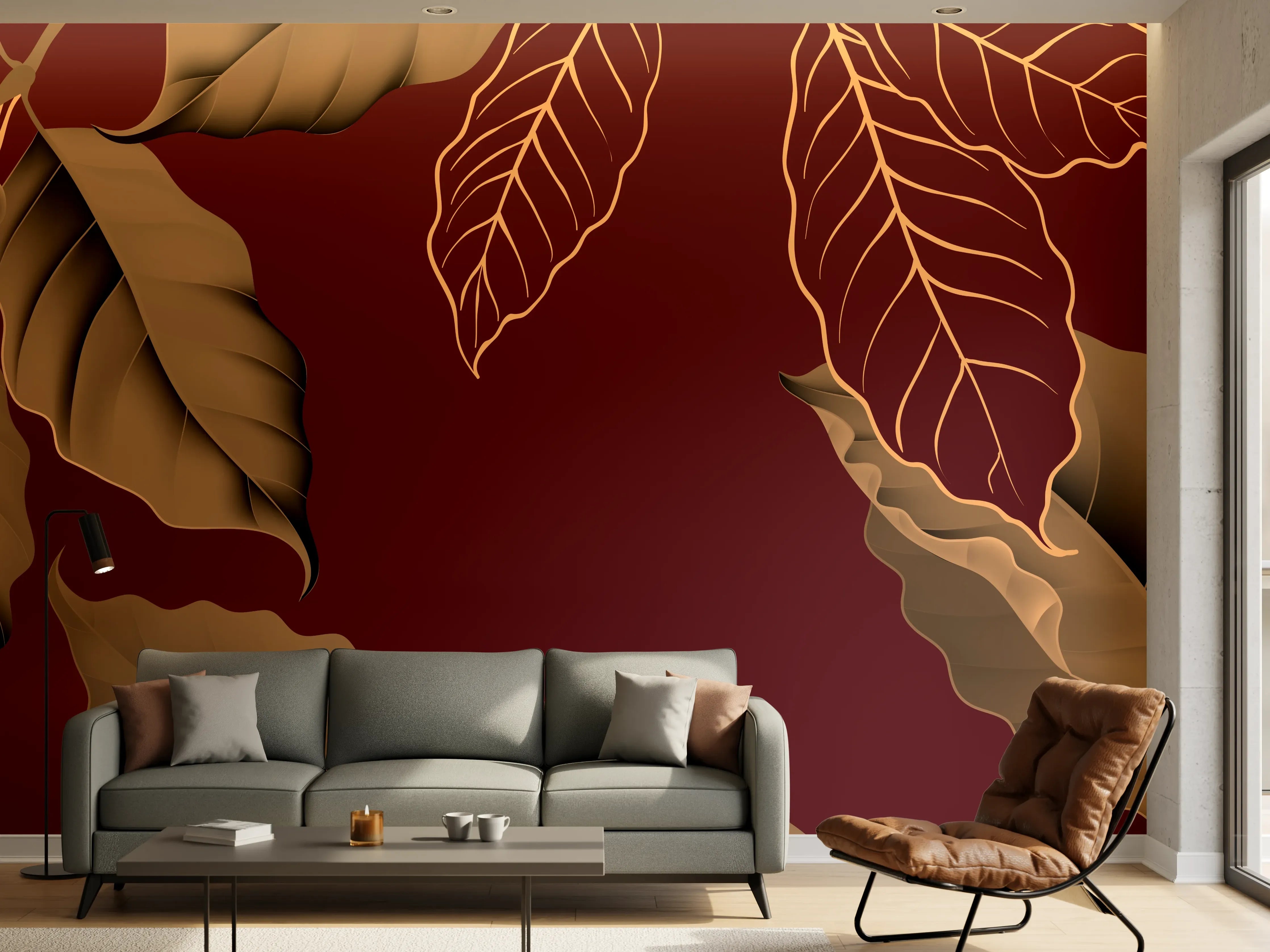 Wandverkleidung Wohnzimmer - Rot-Braune Blätter