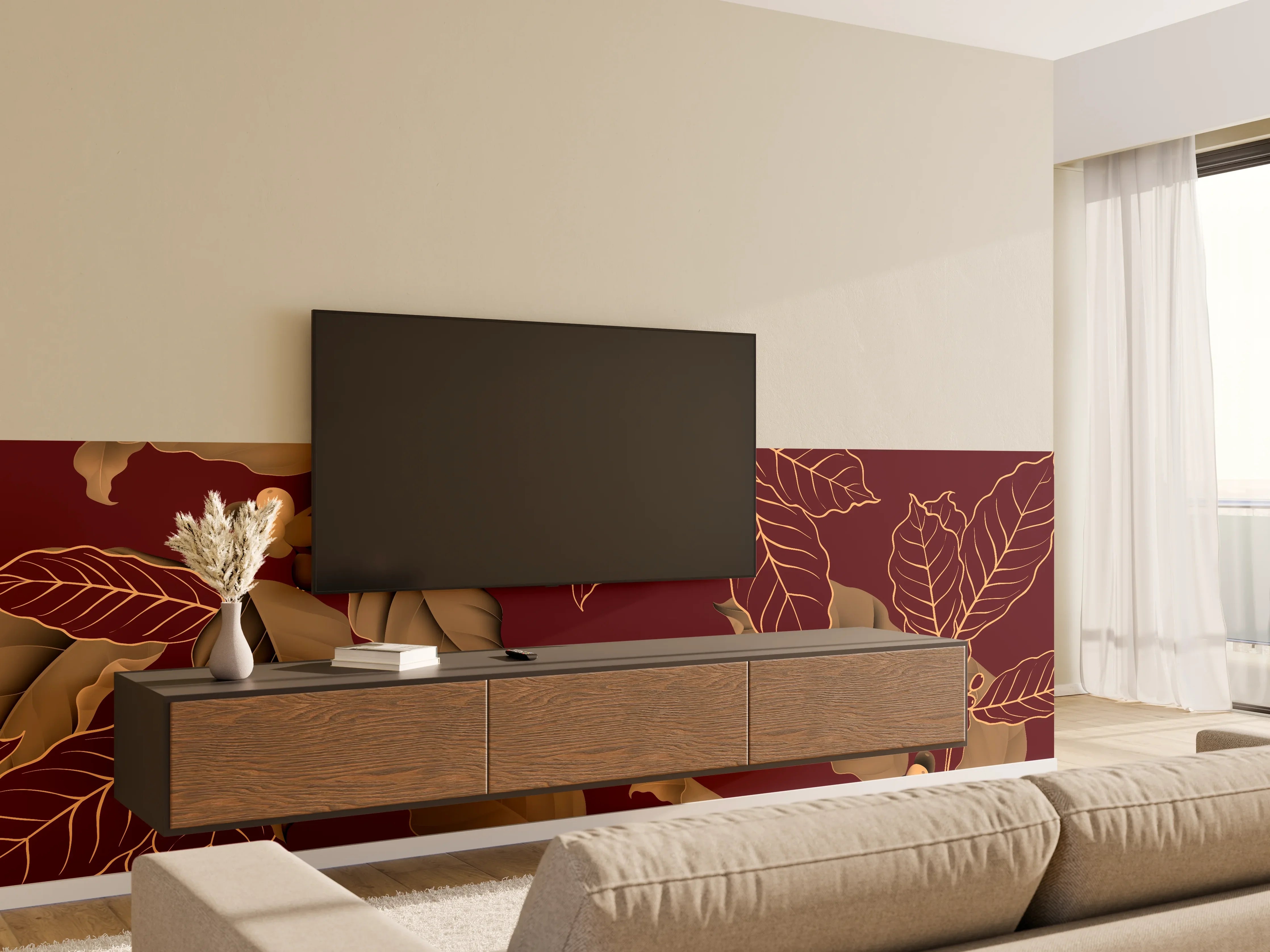 Wandverkleidung Wohnzimmer - Rot-Braune Blätter