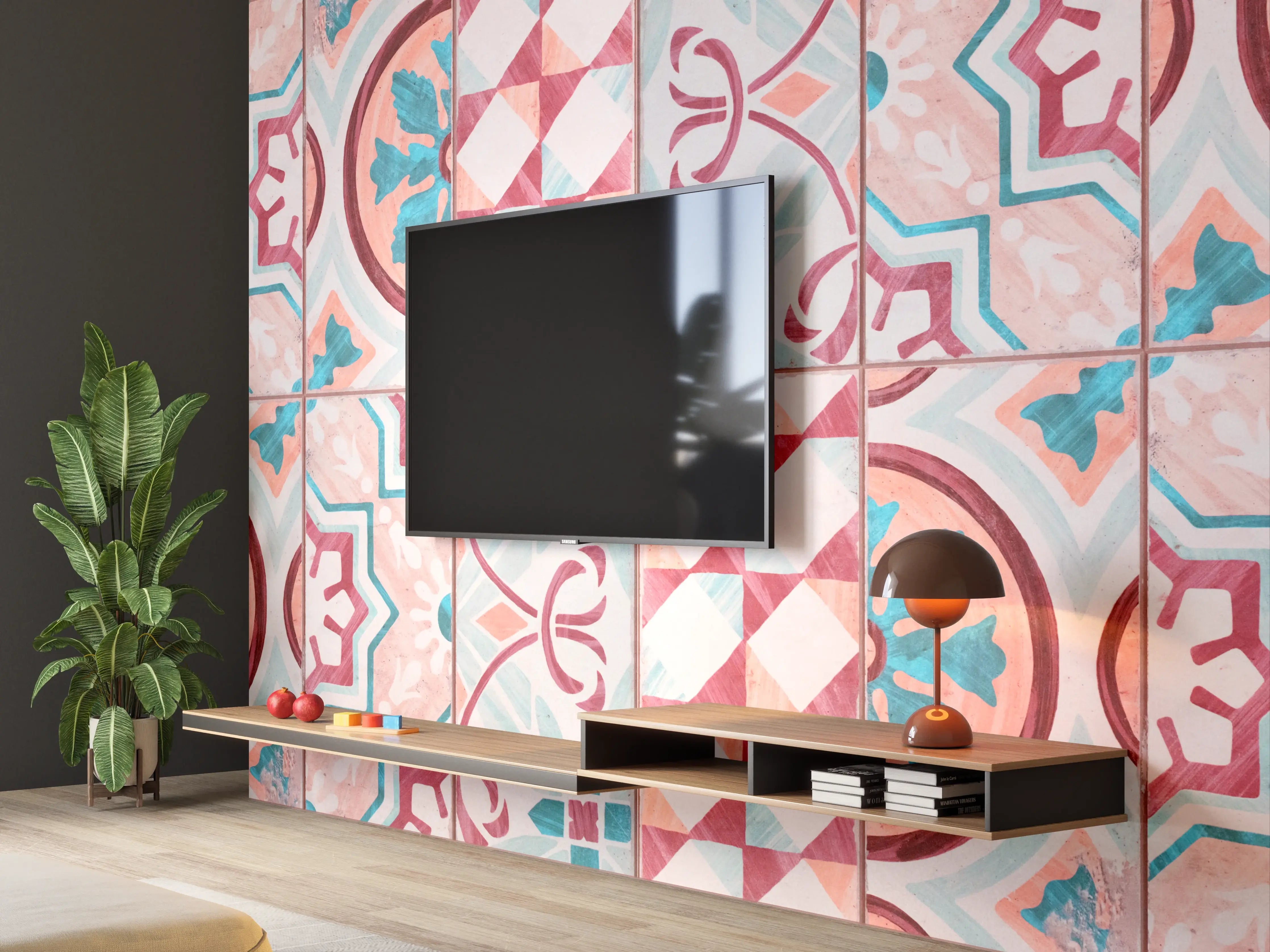 Wandverkleidung Wohnzimmer - Rot-türkises rechteckiges Mosaik