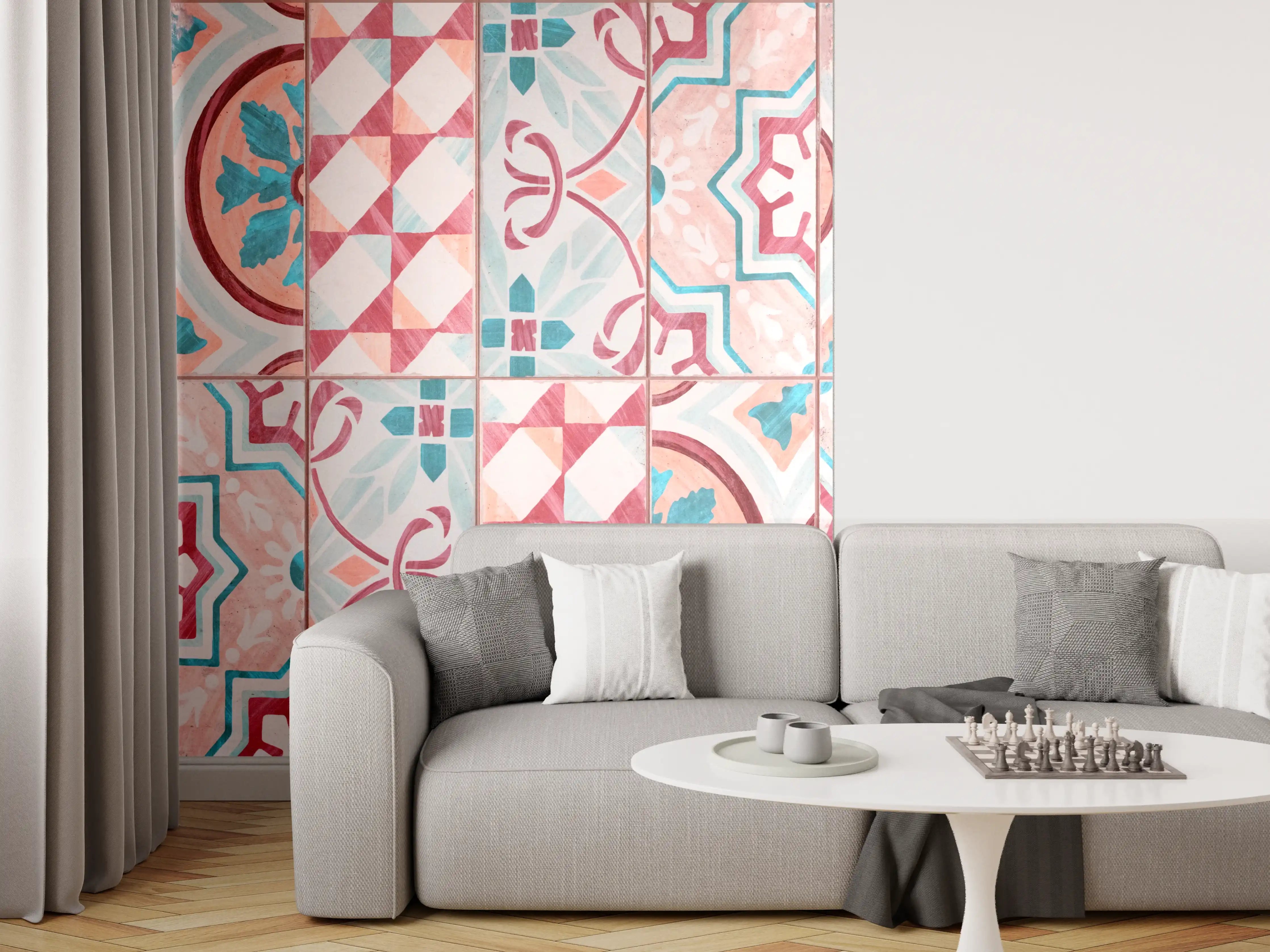 Wandverkleidung Wohnzimmer - Rot-türkises rechteckiges Mosaik