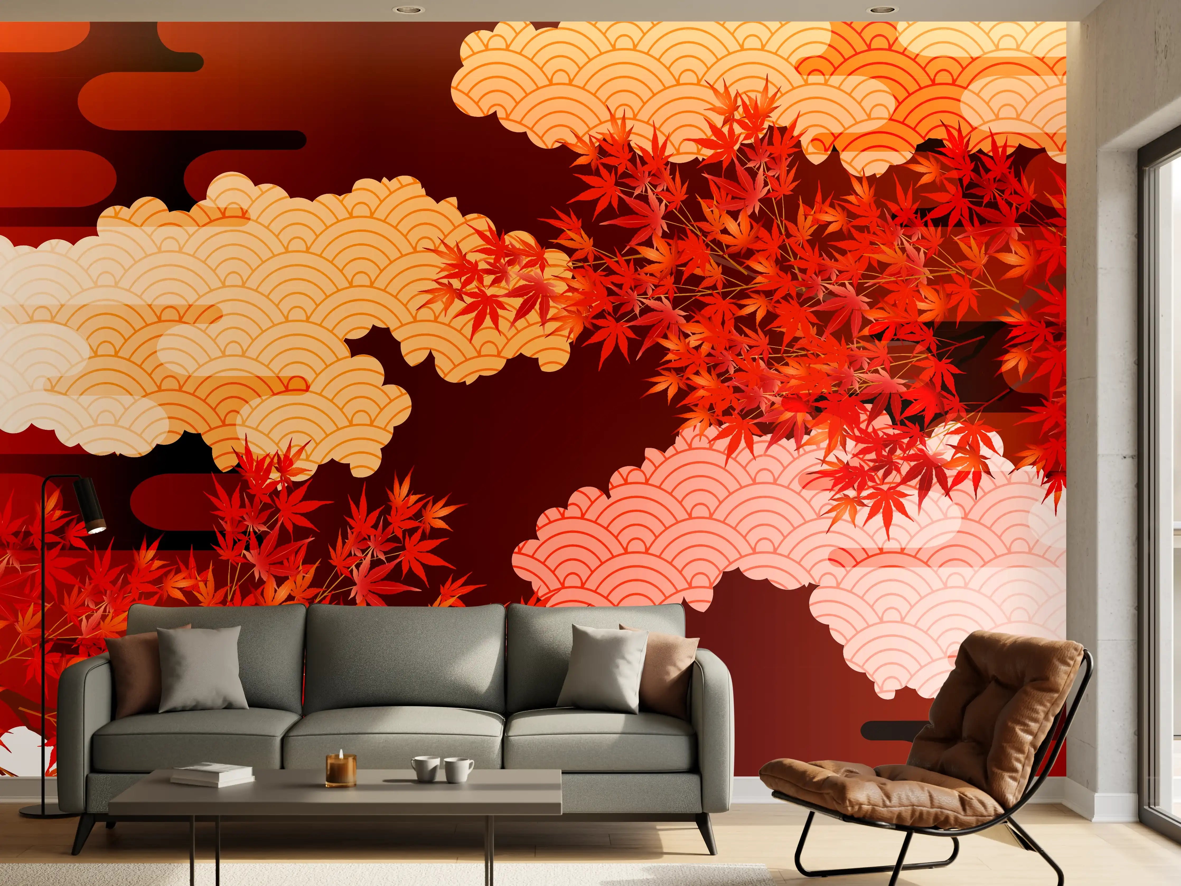 Wandverkleidung Wohnzimmer - Rote Herbstlaub-Szene