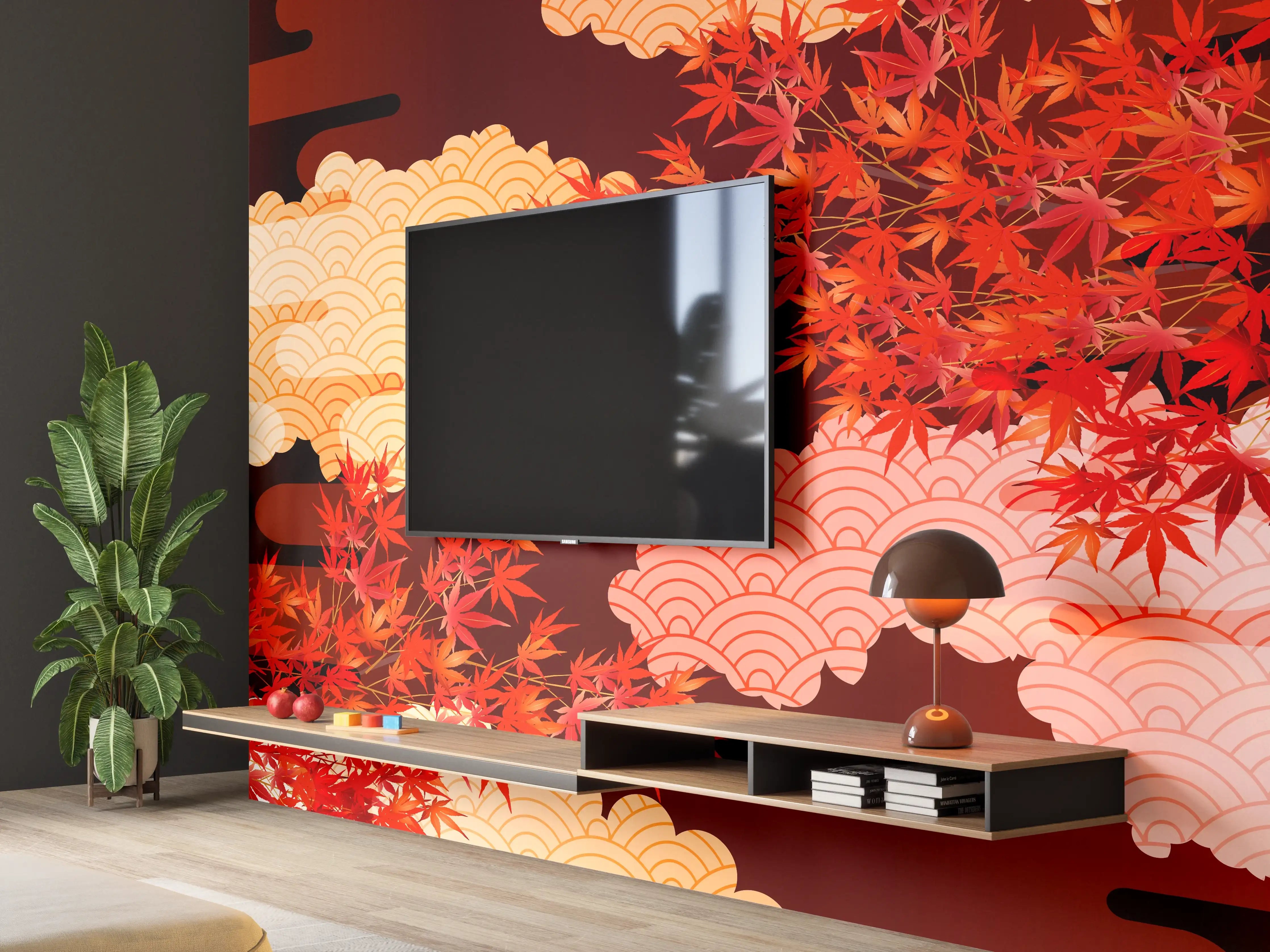Wandverkleidung Wohnzimmer - Rote Herbstlaub-Szene