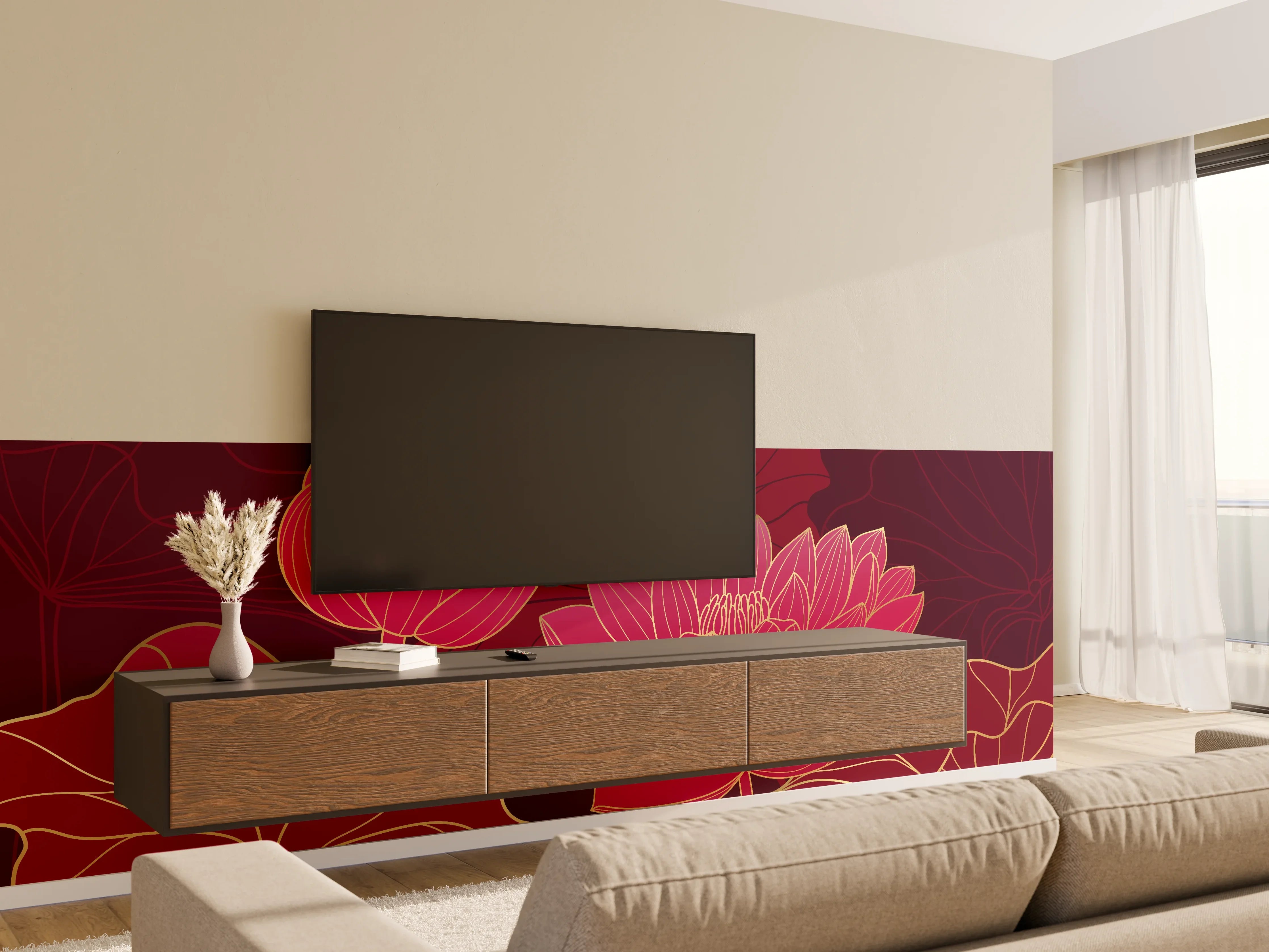 Wandverkleidung Wohnzimmer - Rote Lotusblüten Lineart Design