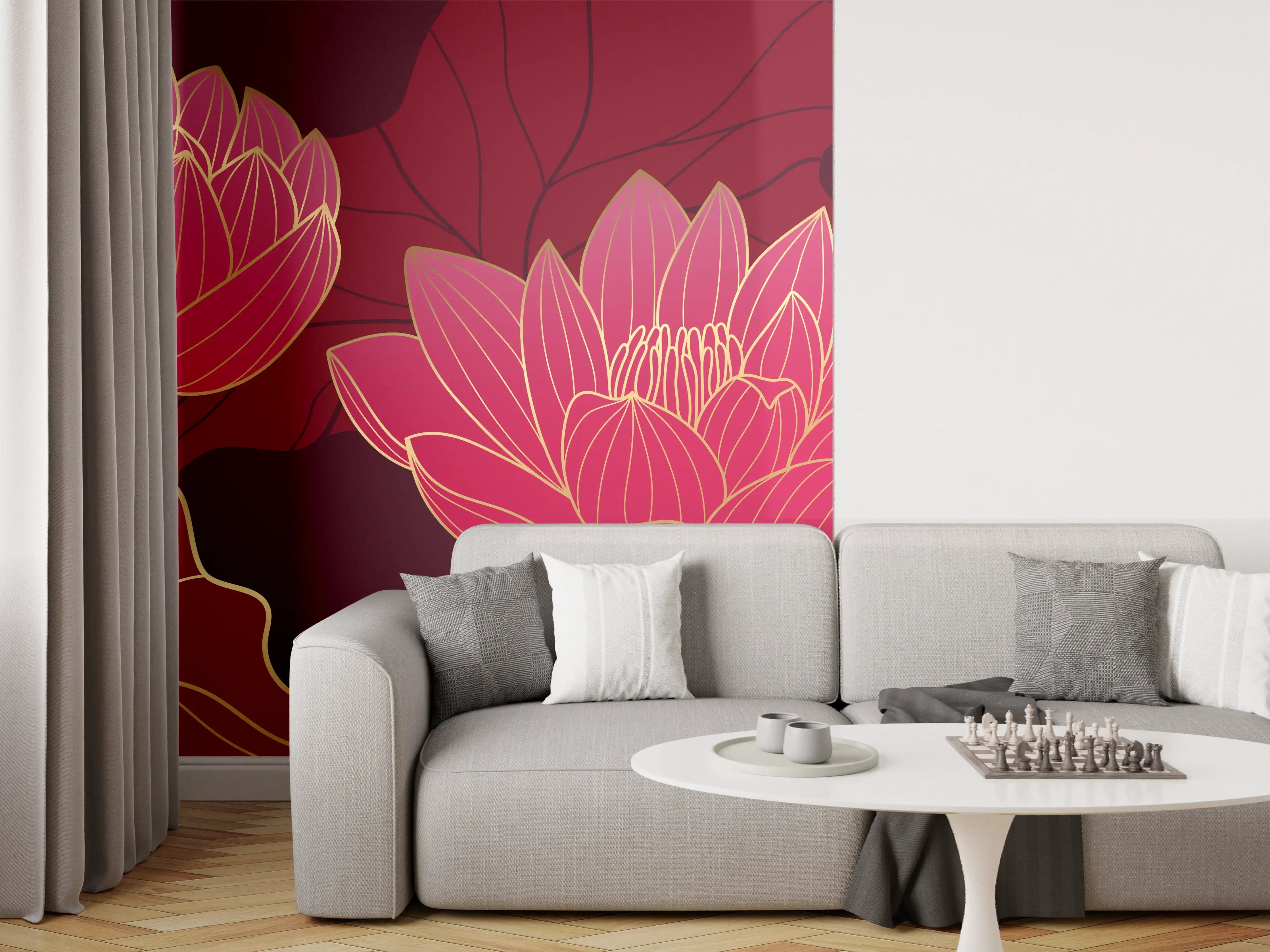 Wandverkleidung Wohnzimmer - Rote Lotusblüten Lineart Design