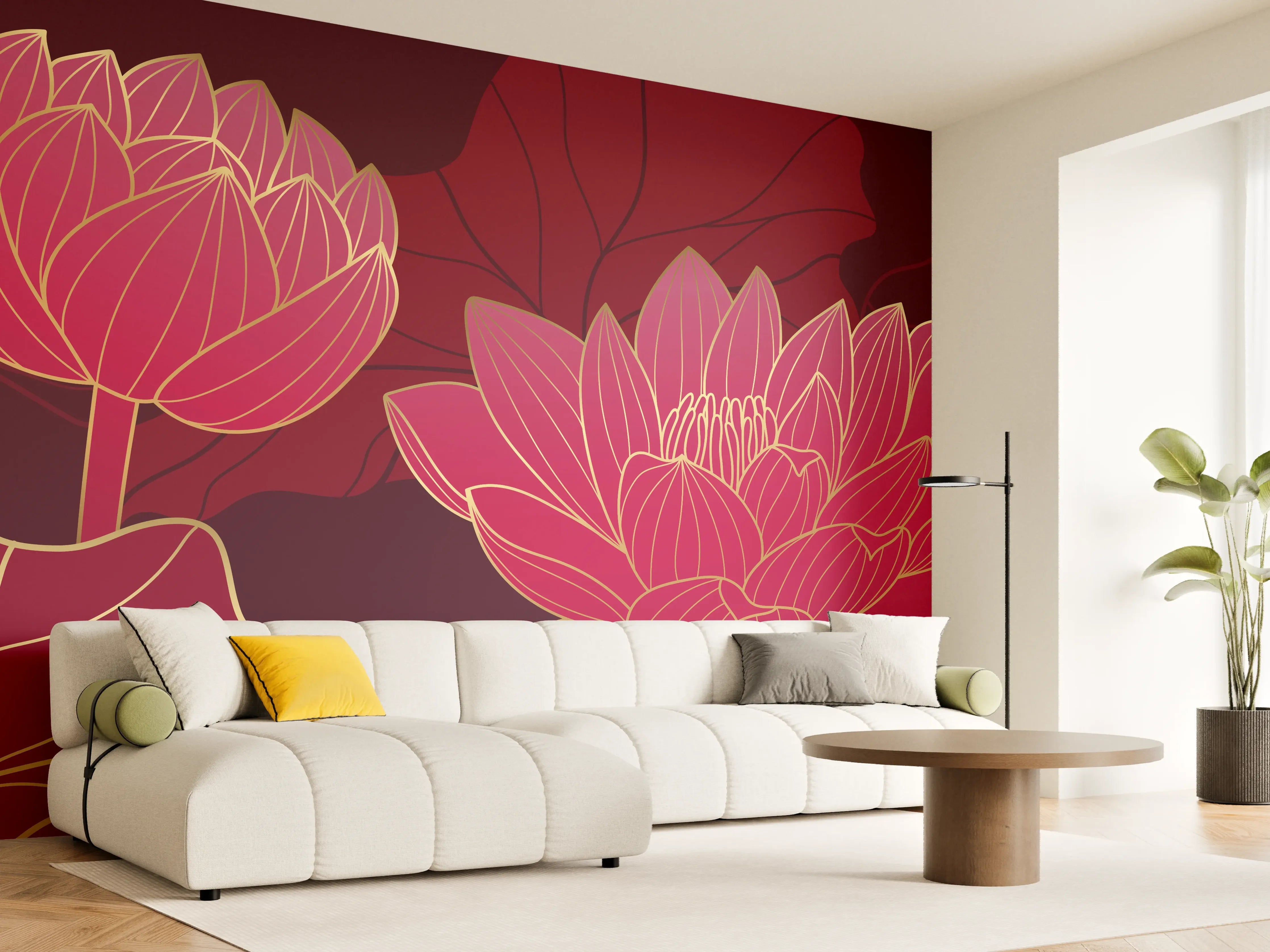 Wandverkleidung Wohnzimmer - Rote Lotusblüten Lineart Design