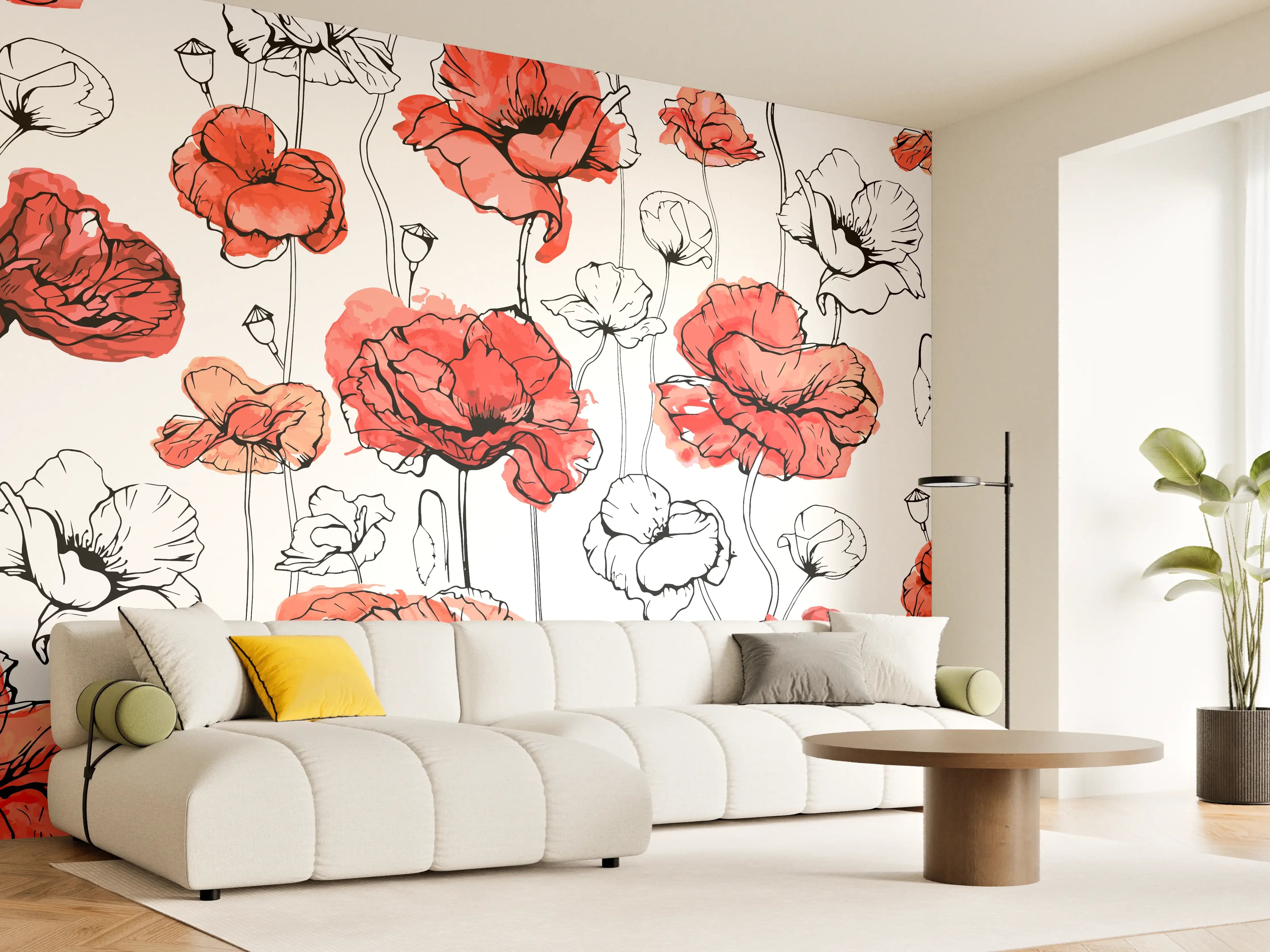 Wandverkleidung Wohnzimmer - Rote Mohnblumen Lineart Muster
