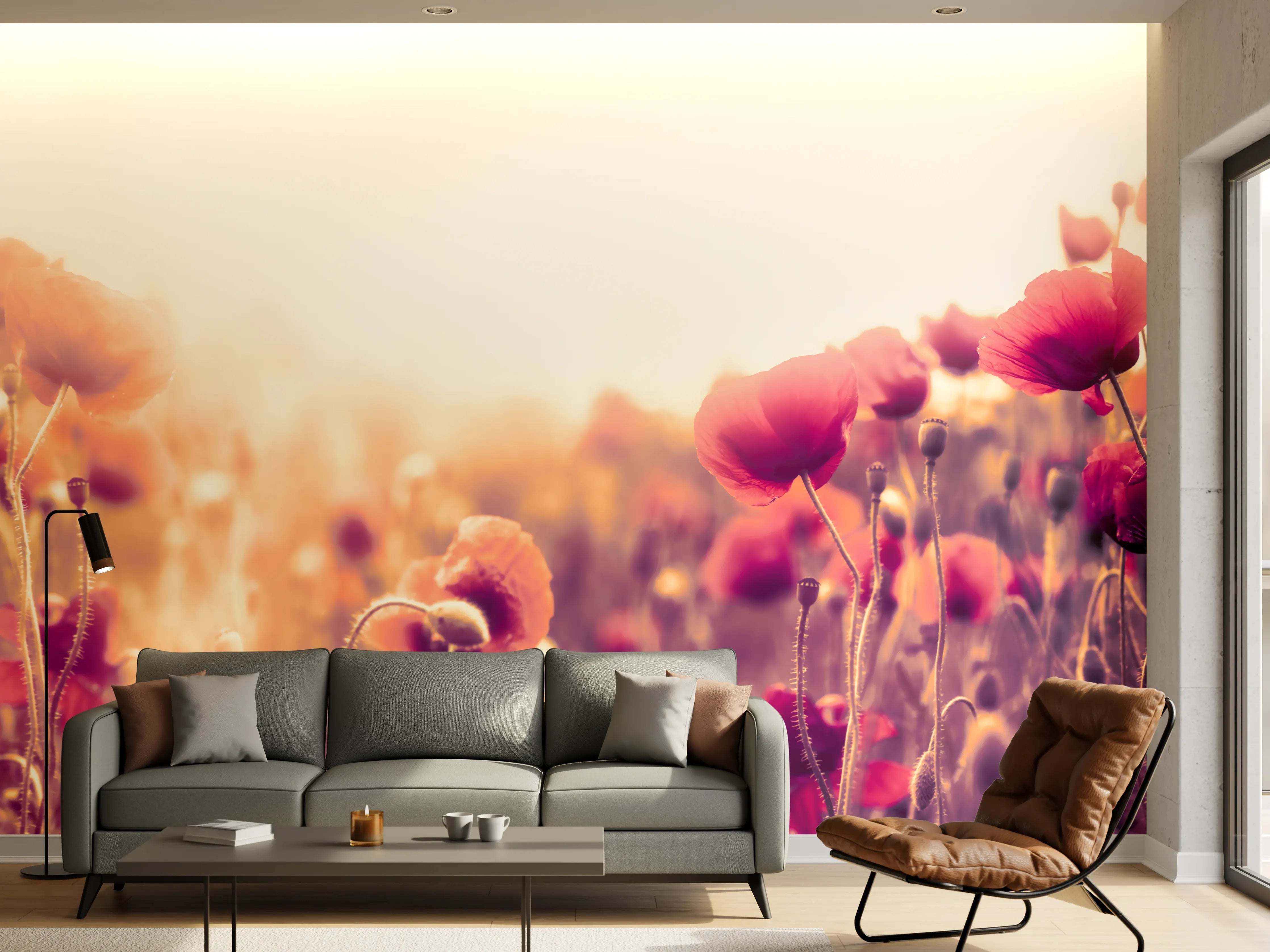 Wandverkleidung Wohnzimmer - Rote Mohnblumen in der Sonne