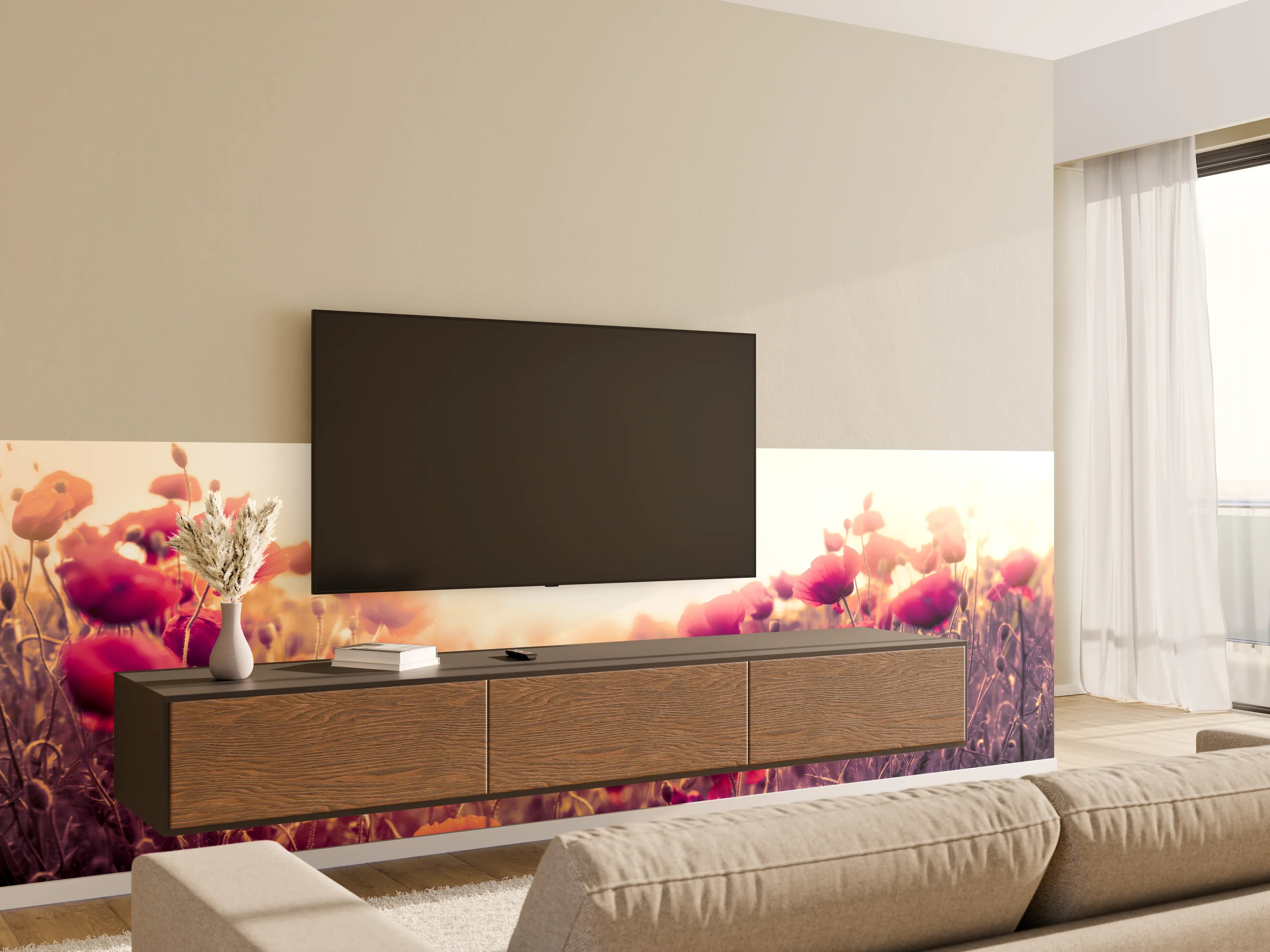 Wandverkleidung Wohnzimmer - Rote Mohnblumen in der Sonne