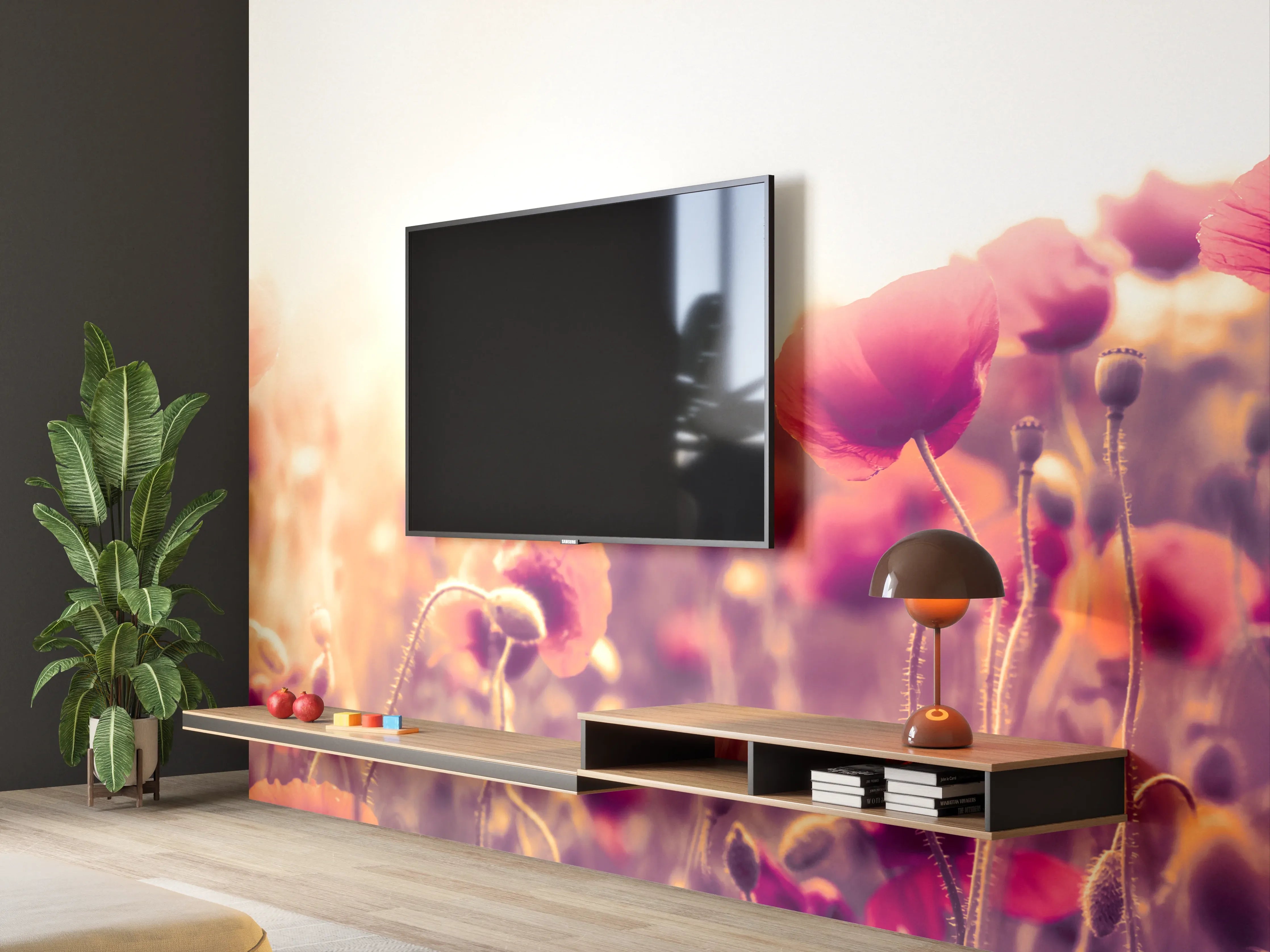 Wandverkleidung Wohnzimmer - Rote Mohnblumen in der Sonne