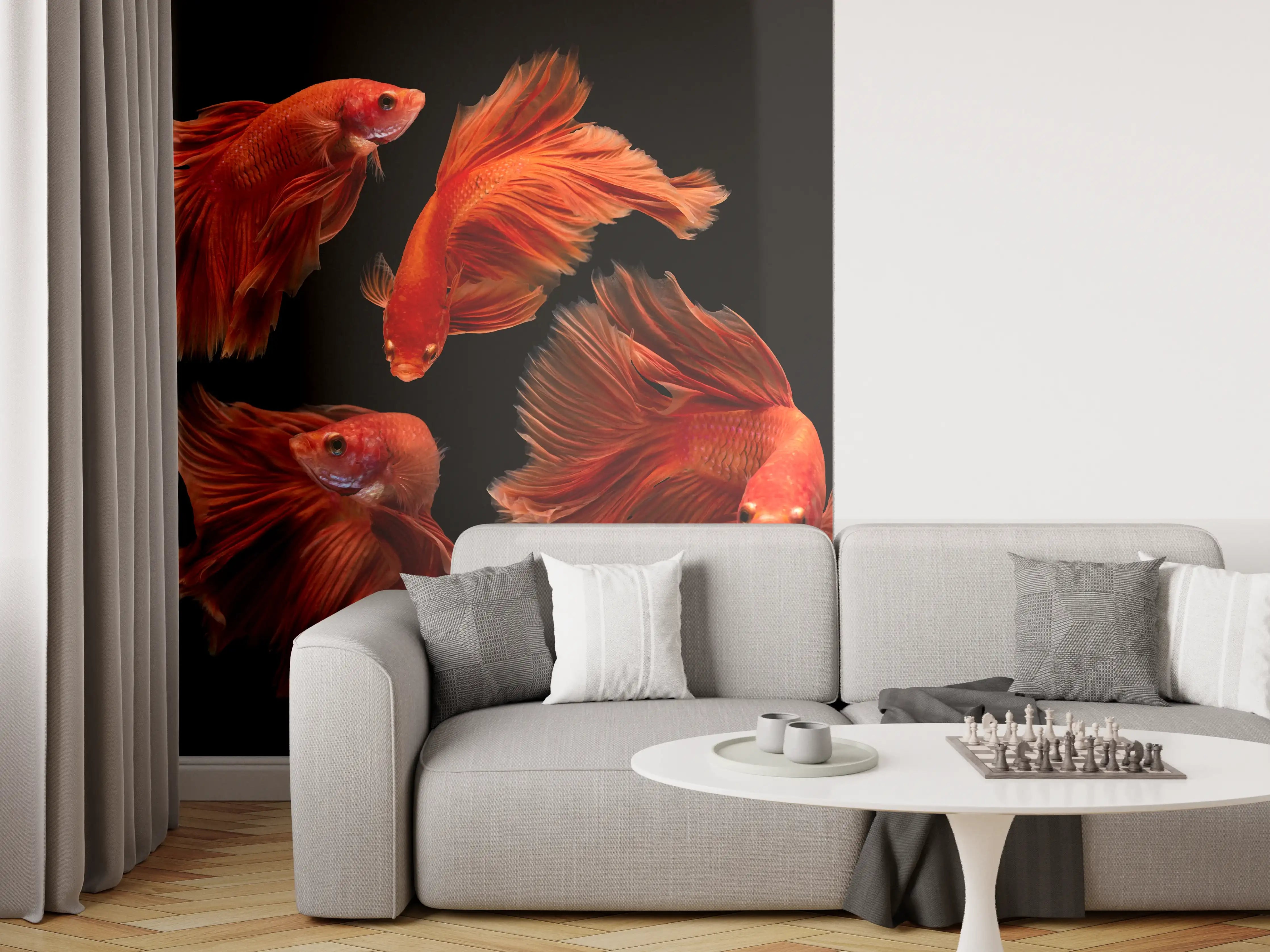 Wandverkleidung Wohnzimmer - Roter Betta Fisch