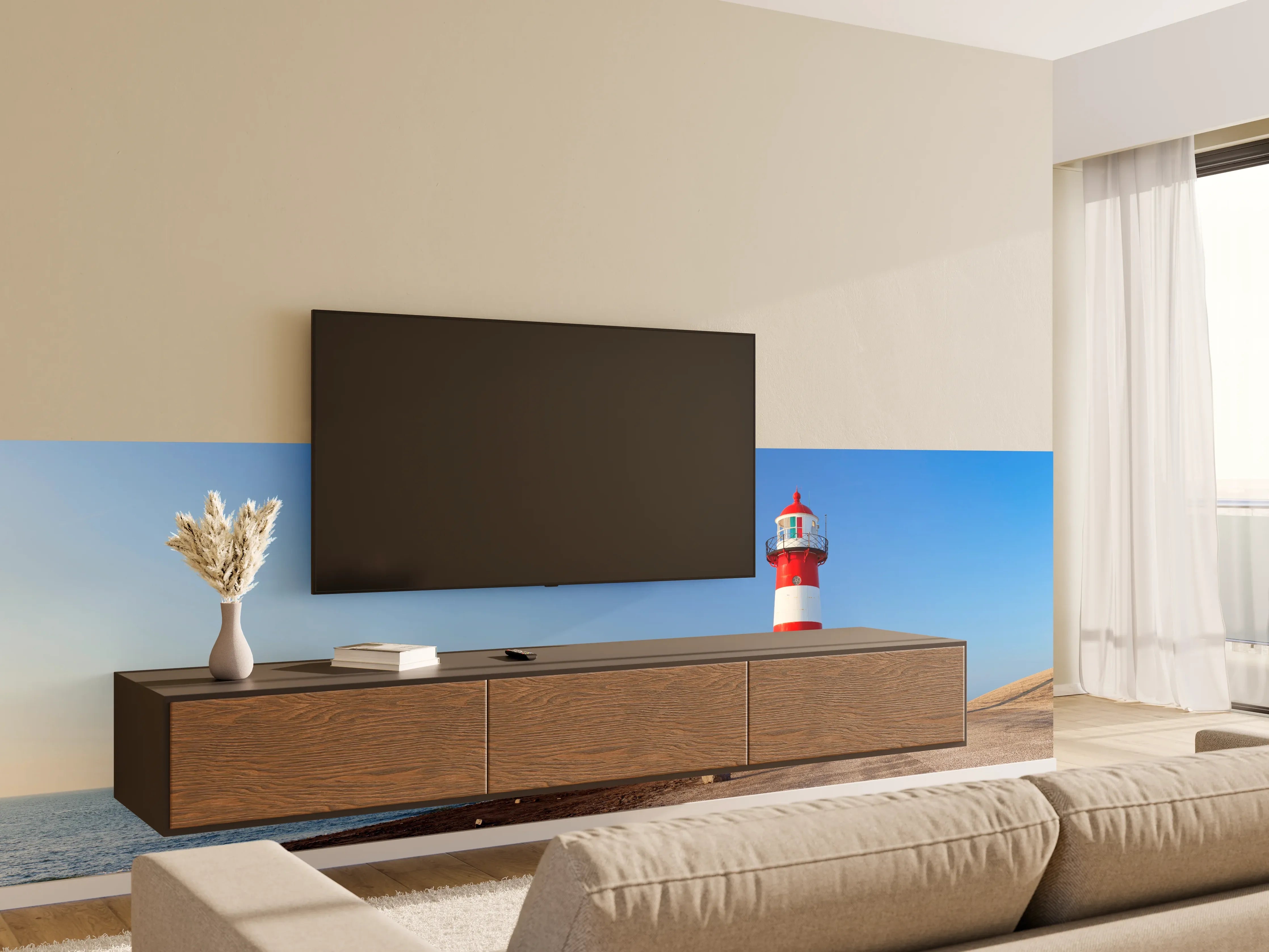Wandverkleidung Wohnzimmer - Roter Leuchtturm am Meer