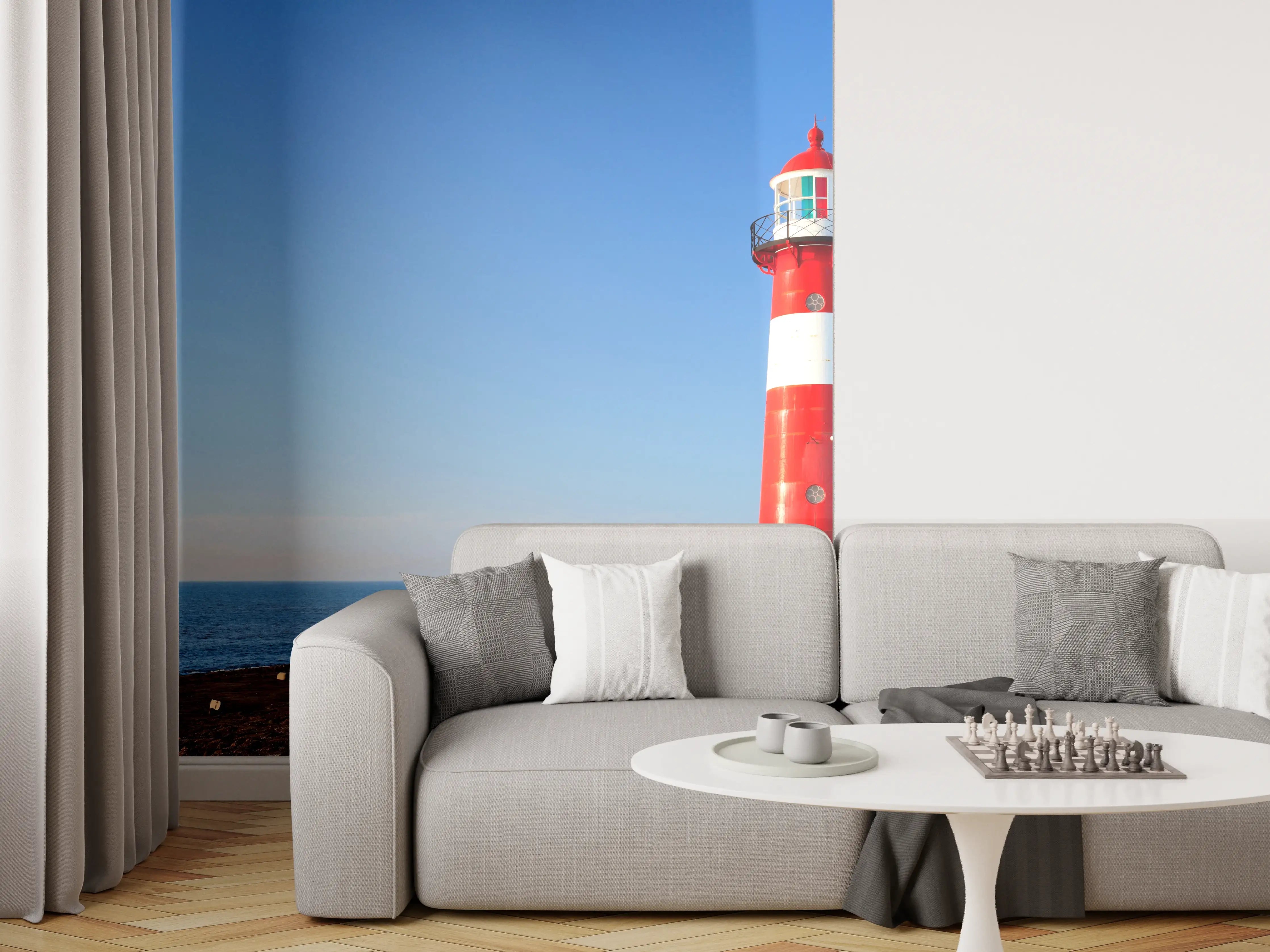 Wandverkleidung Wohnzimmer - Roter Leuchtturm am Meer