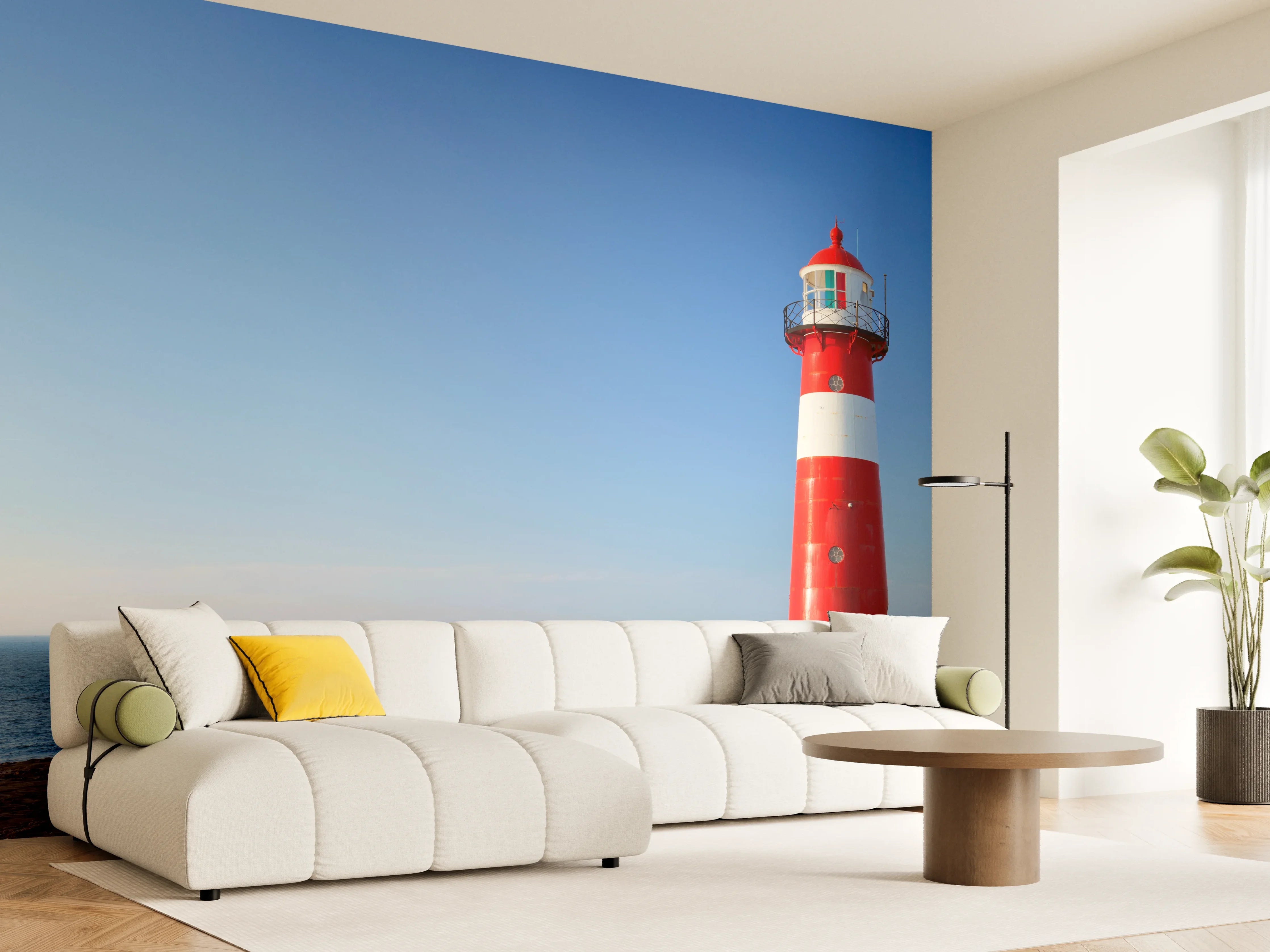 Wandverkleidung Wohnzimmer - Roter Leuchtturm am Meer