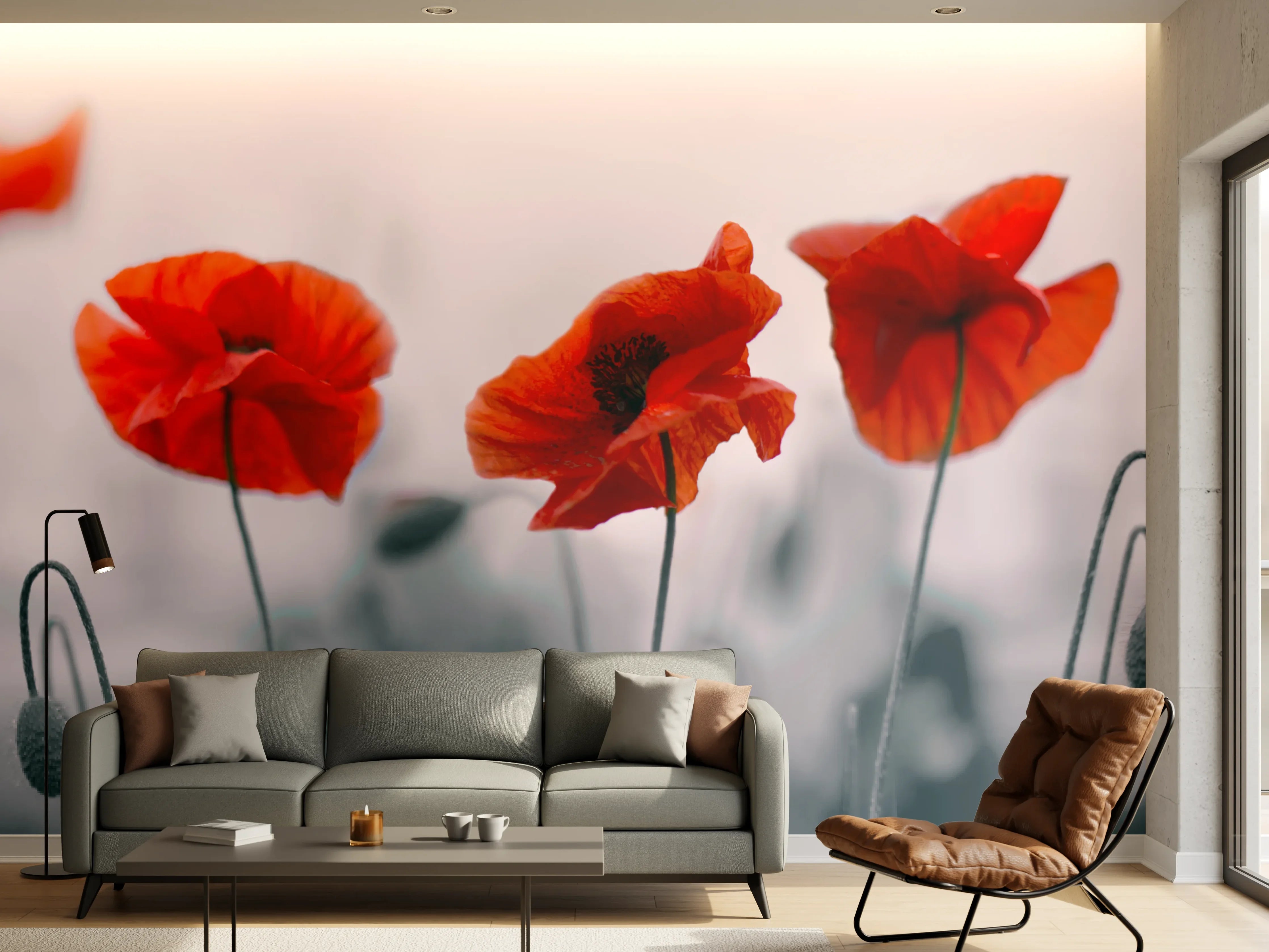 Wandverkleidung Wohnzimmer - Roter Mohn auf hellem Hintergrund