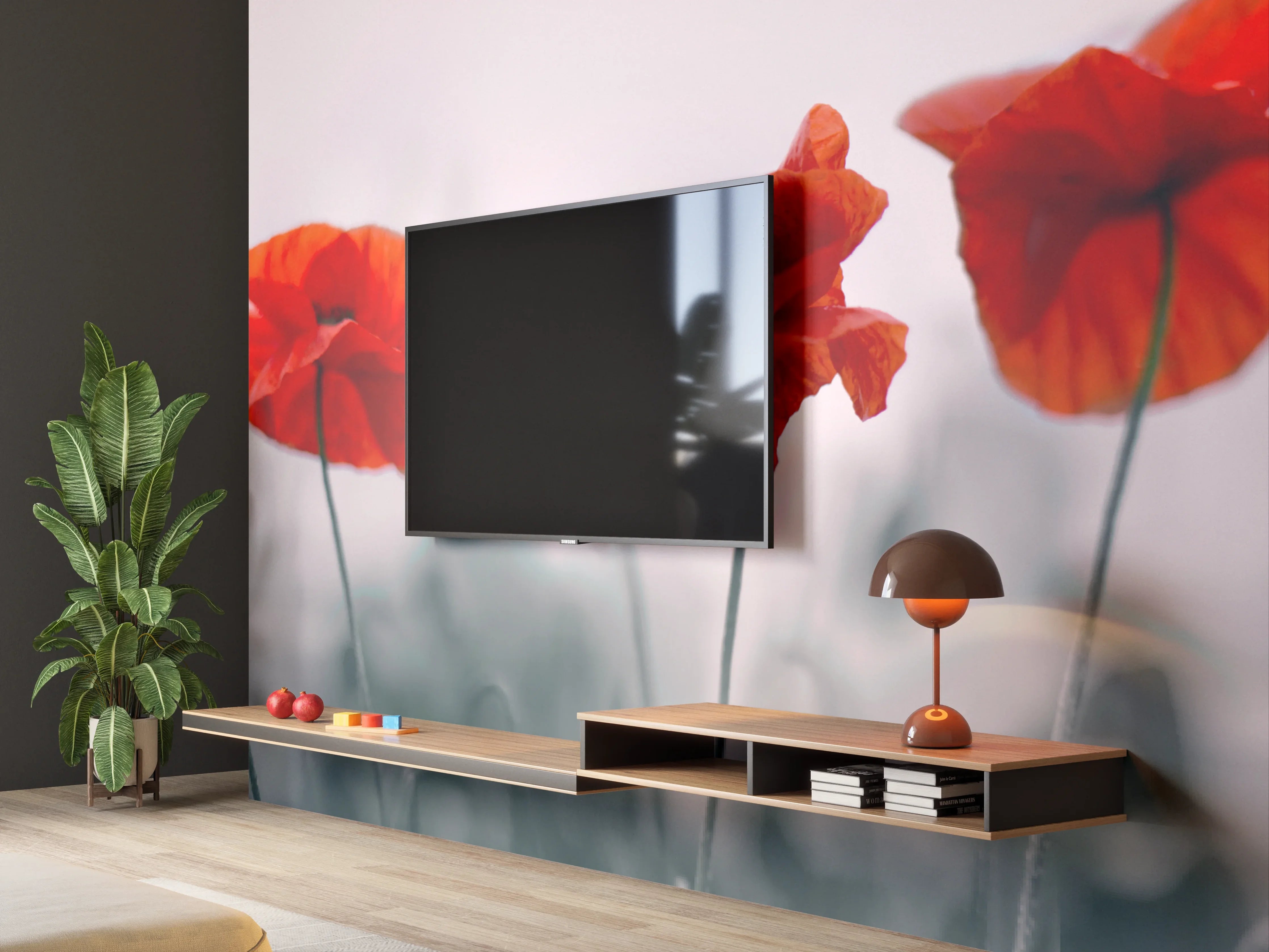 Wandverkleidung Wohnzimmer - Roter Mohn auf hellem Hintergrund