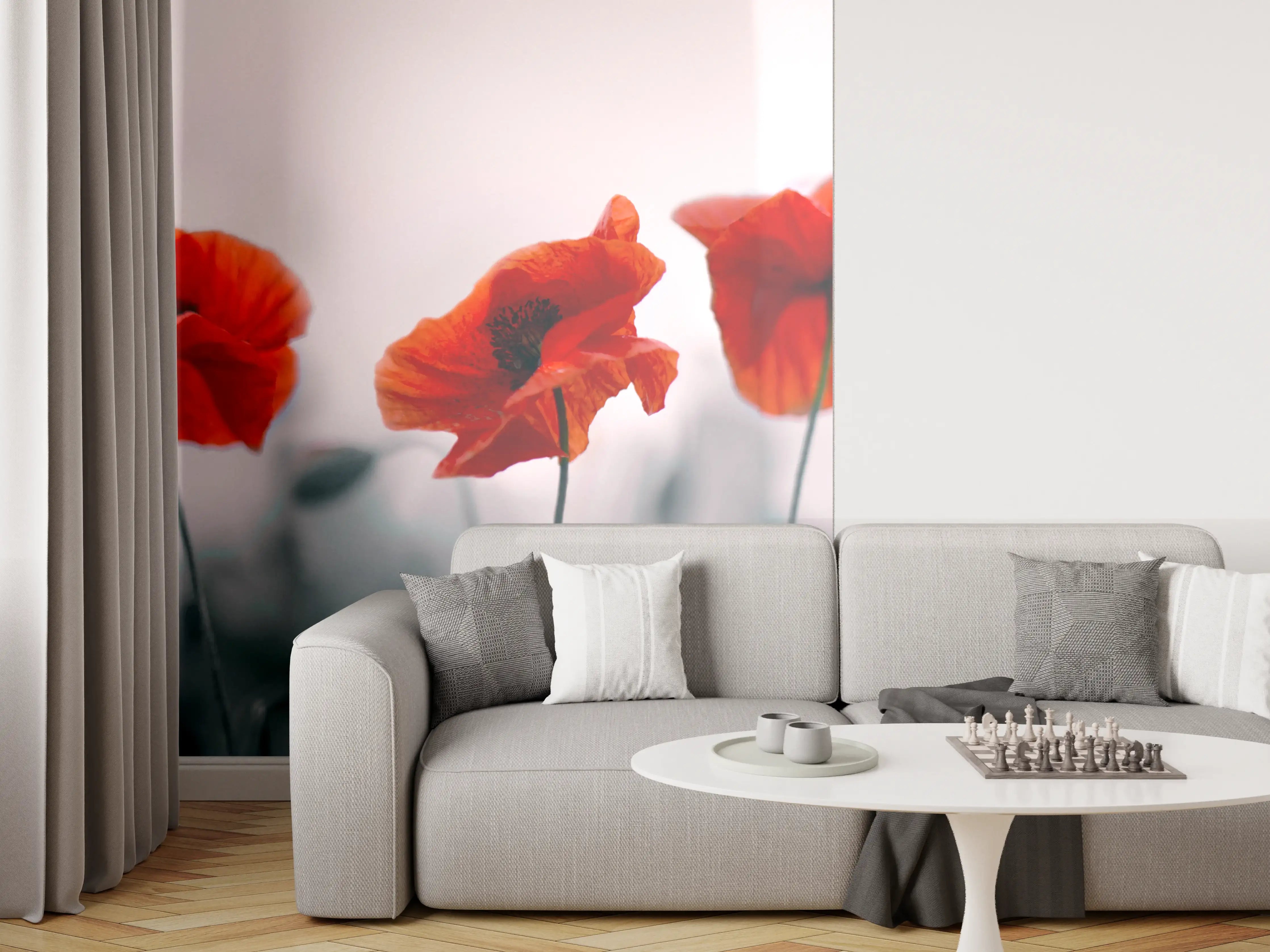Wandverkleidung Wohnzimmer - Roter Mohn auf hellem Hintergrund