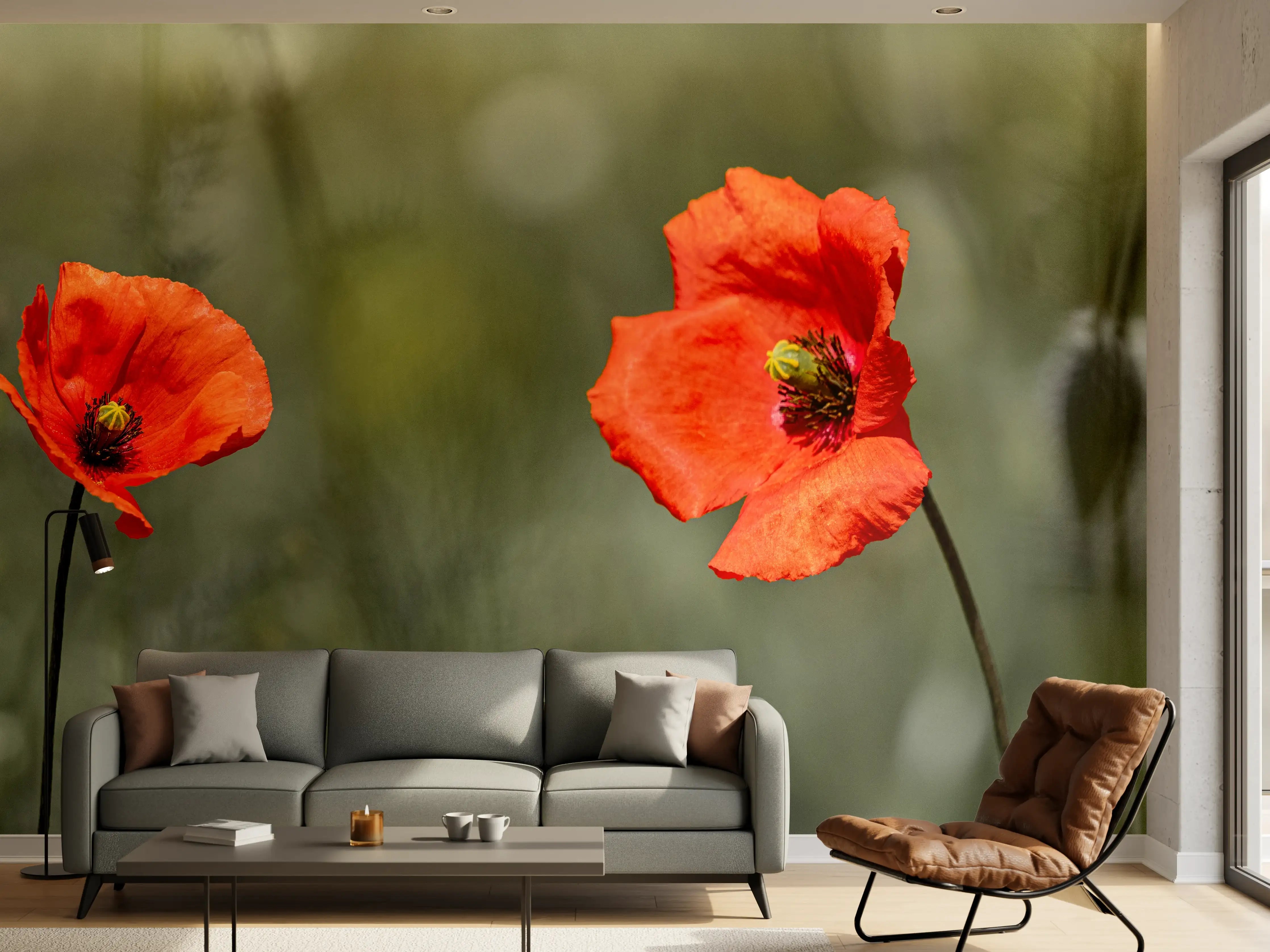 Wandverkleidung Wohnzimmer - Roter Mohn inmitten des Grüns
