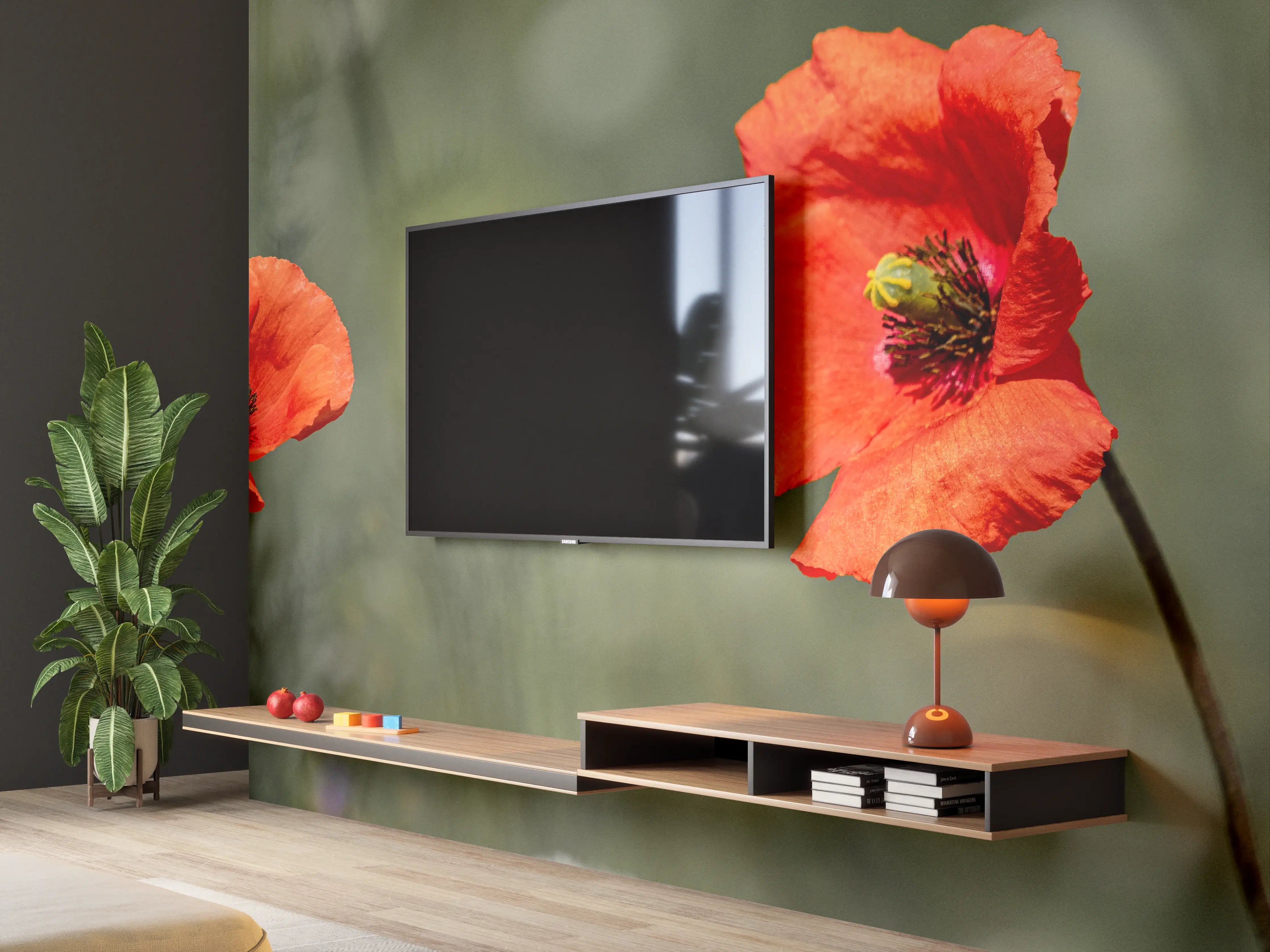 Wandverkleidung Wohnzimmer - Roter Mohn inmitten des Grüns