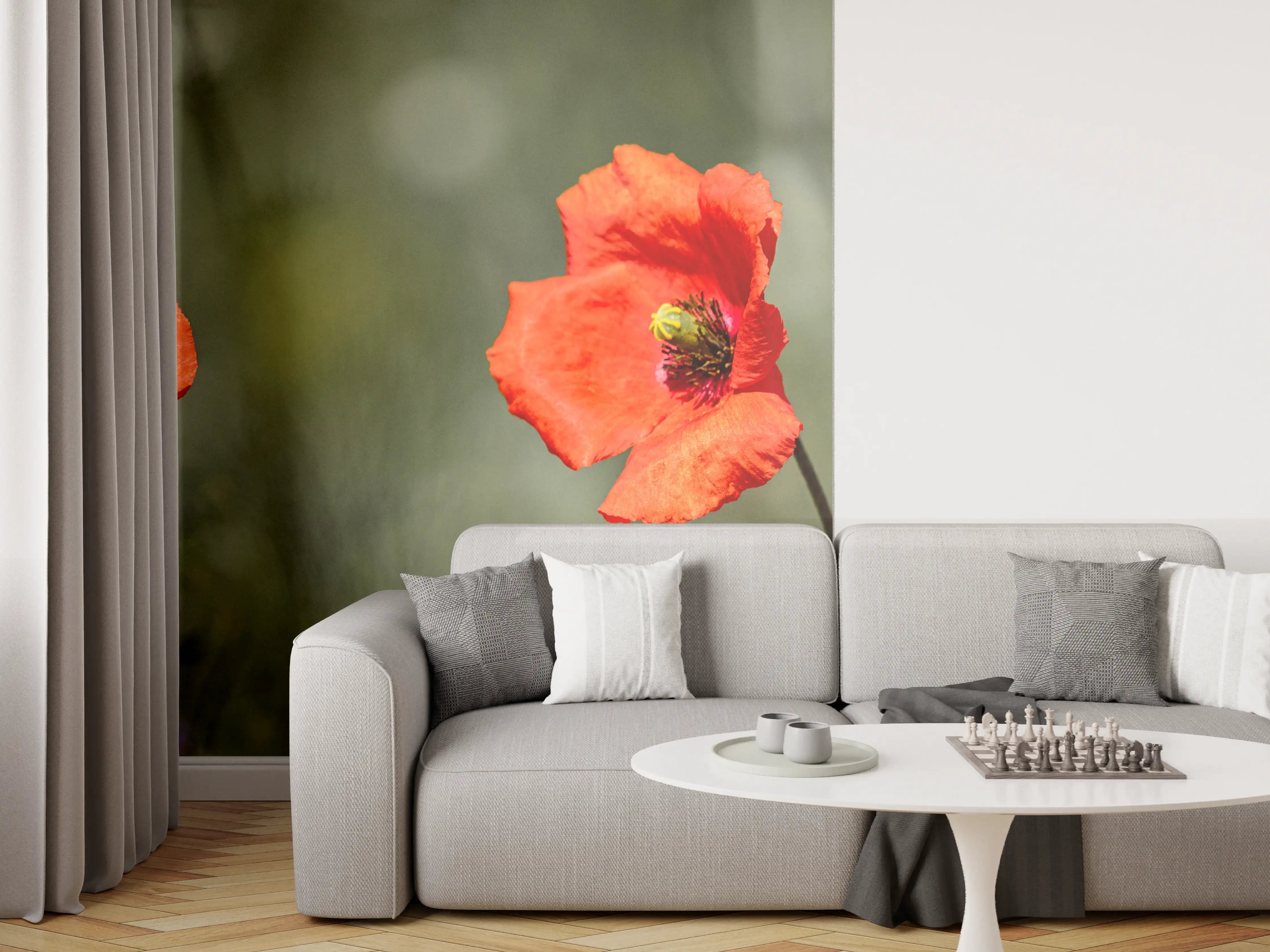 Wandverkleidung Wohnzimmer - Roter Mohn inmitten des Grüns