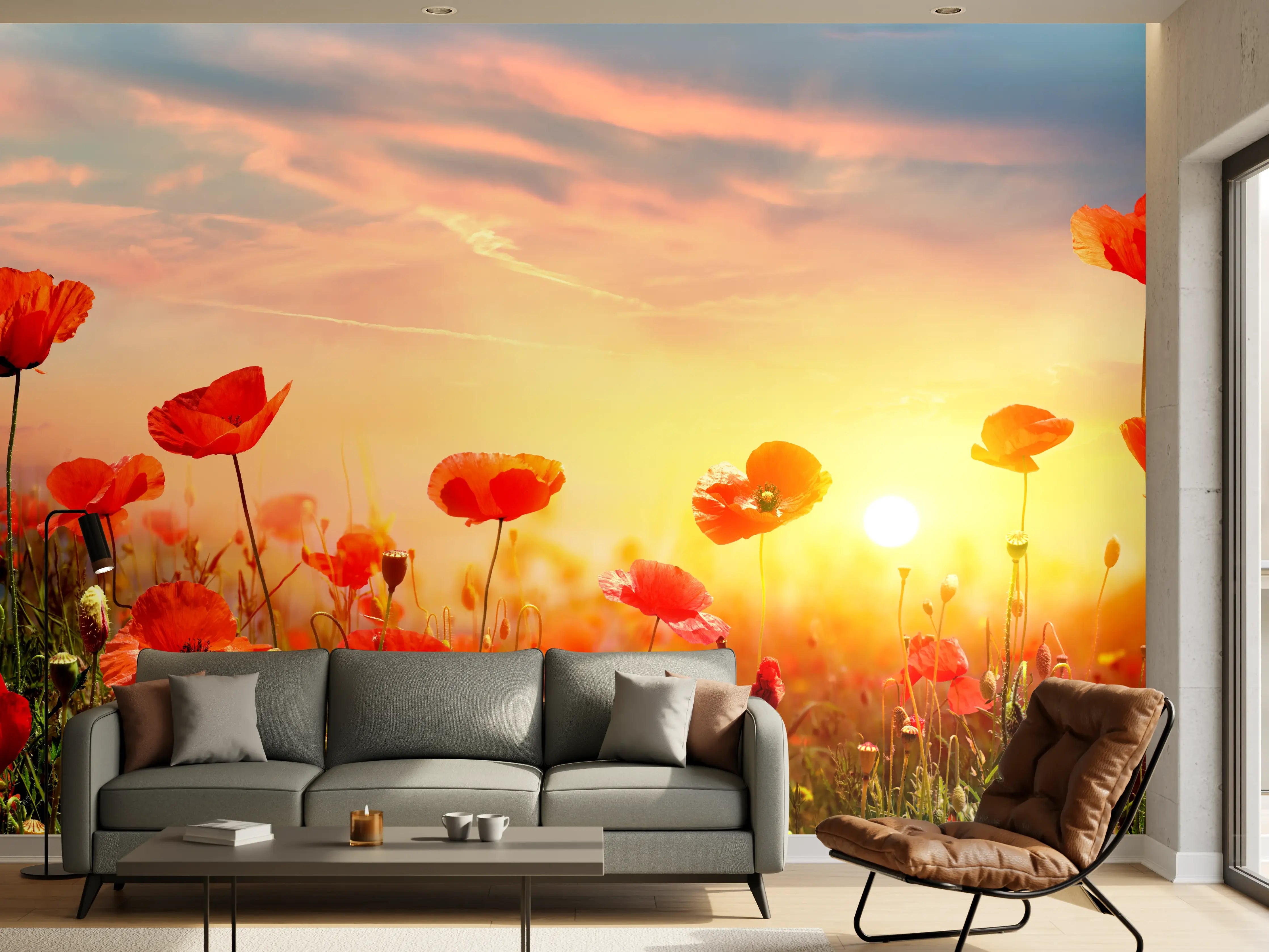 Wandverkleidung Wohnzimmer - Roter Mohnfeld Sonnenaufgang