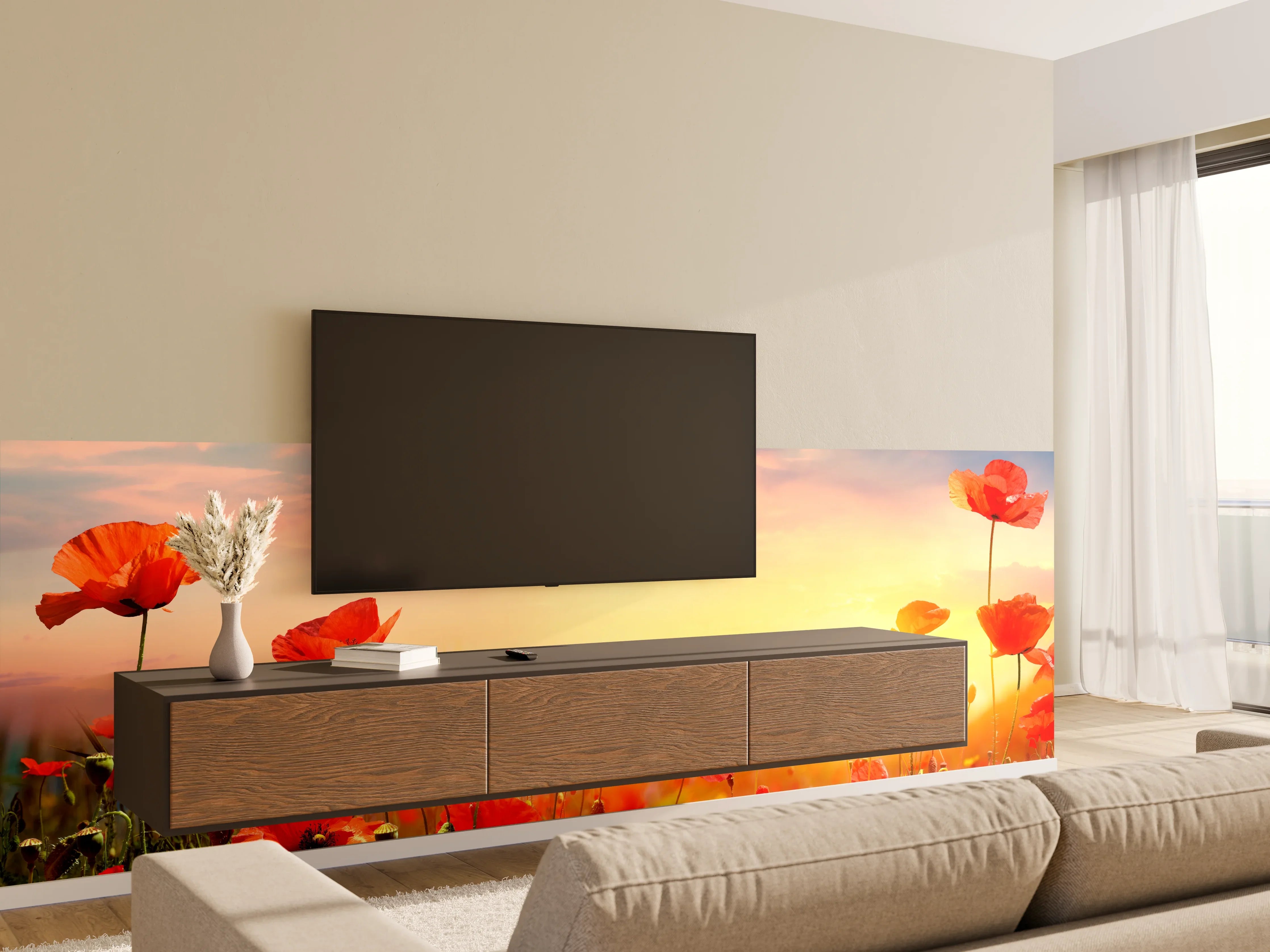Wandverkleidung Wohnzimmer - Roter Mohnfeld Sonnenaufgang