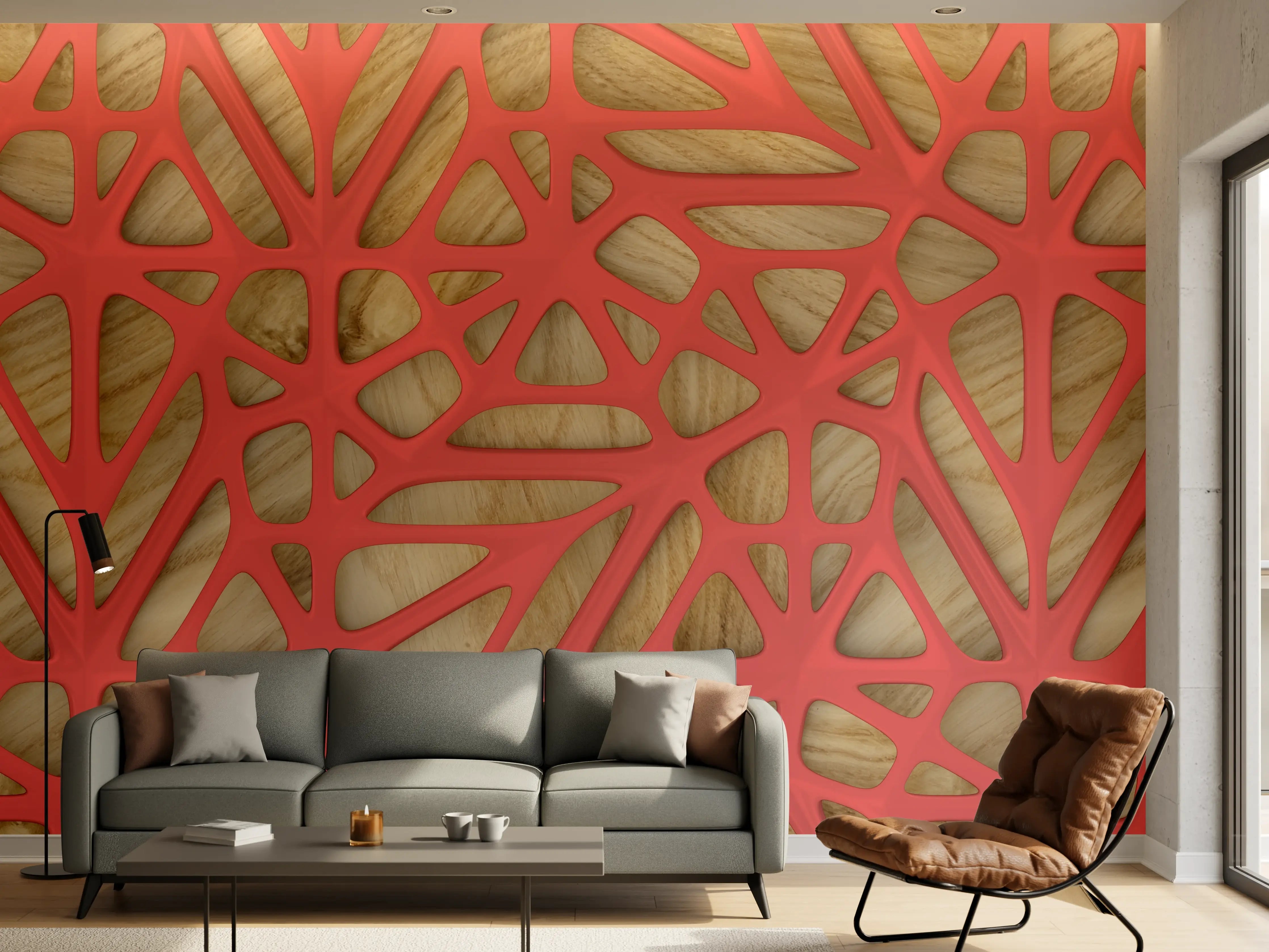Wandverkleidung Wohnzimmer - Rotes Gitter Muster