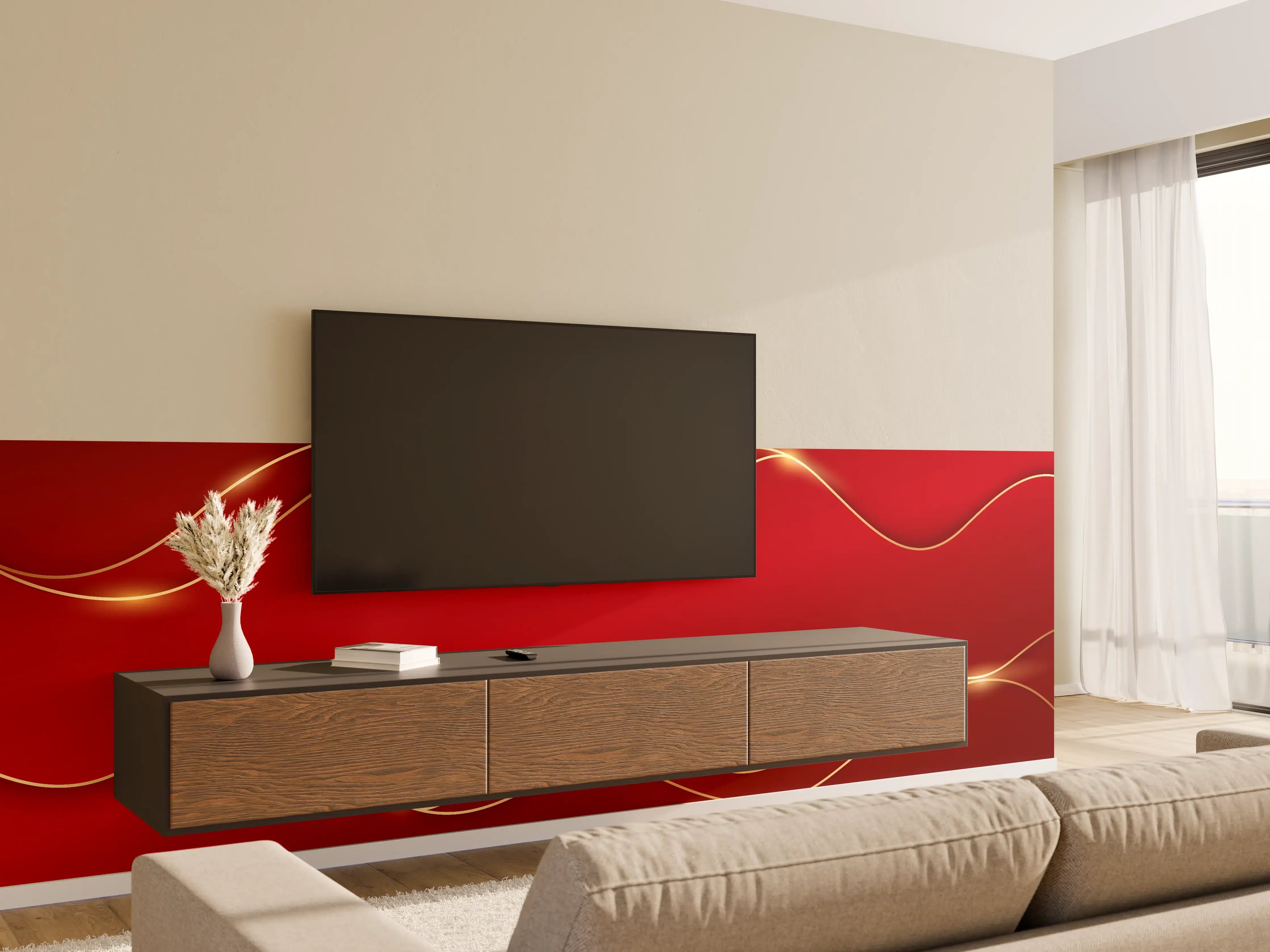 Wandverkleidung Wohnzimmer - Rotes Luxus-Design mit Goldakzenten