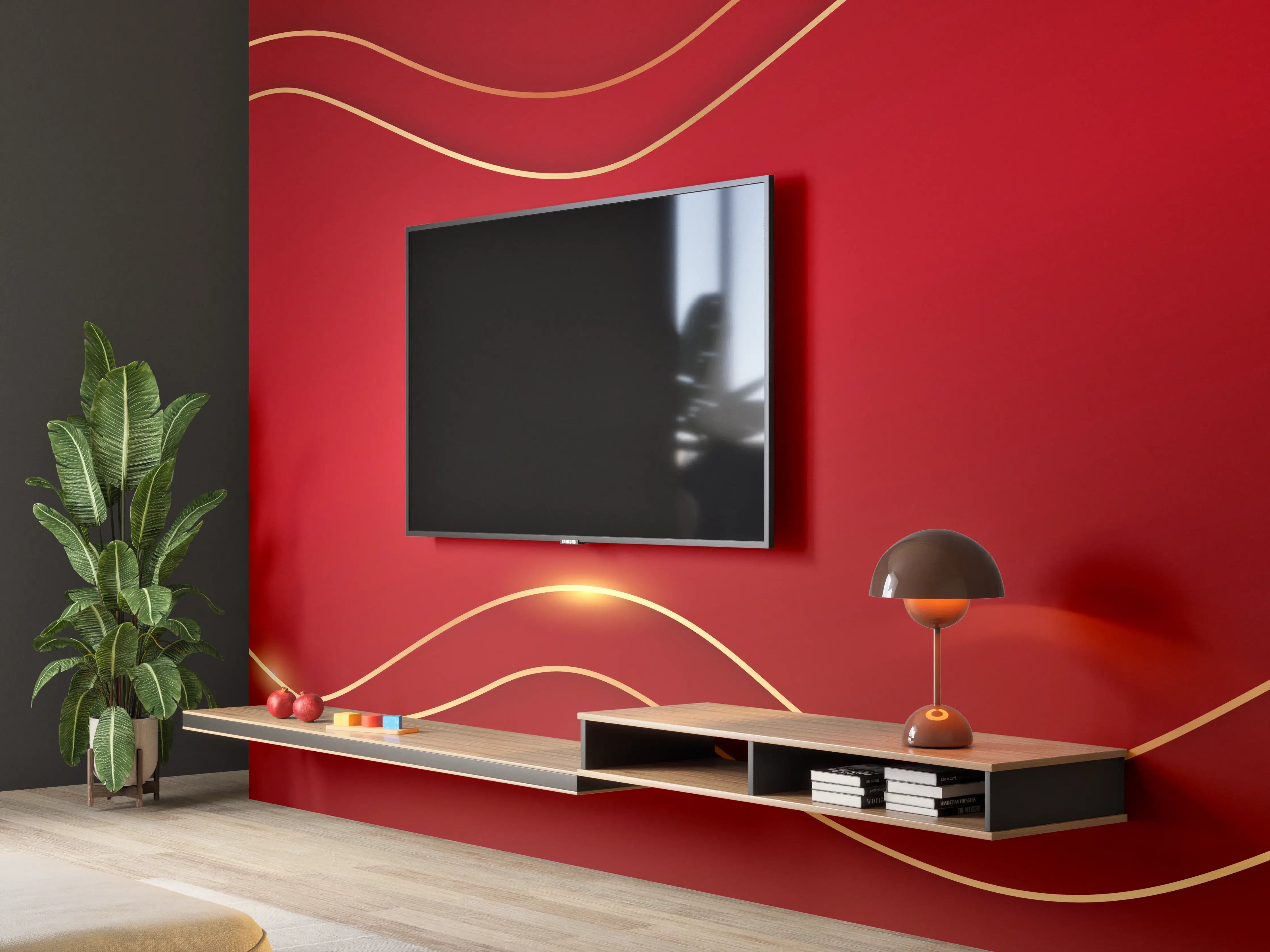 Wandverkleidung Wohnzimmer - Rotes Luxus-Design mit Goldakzenten