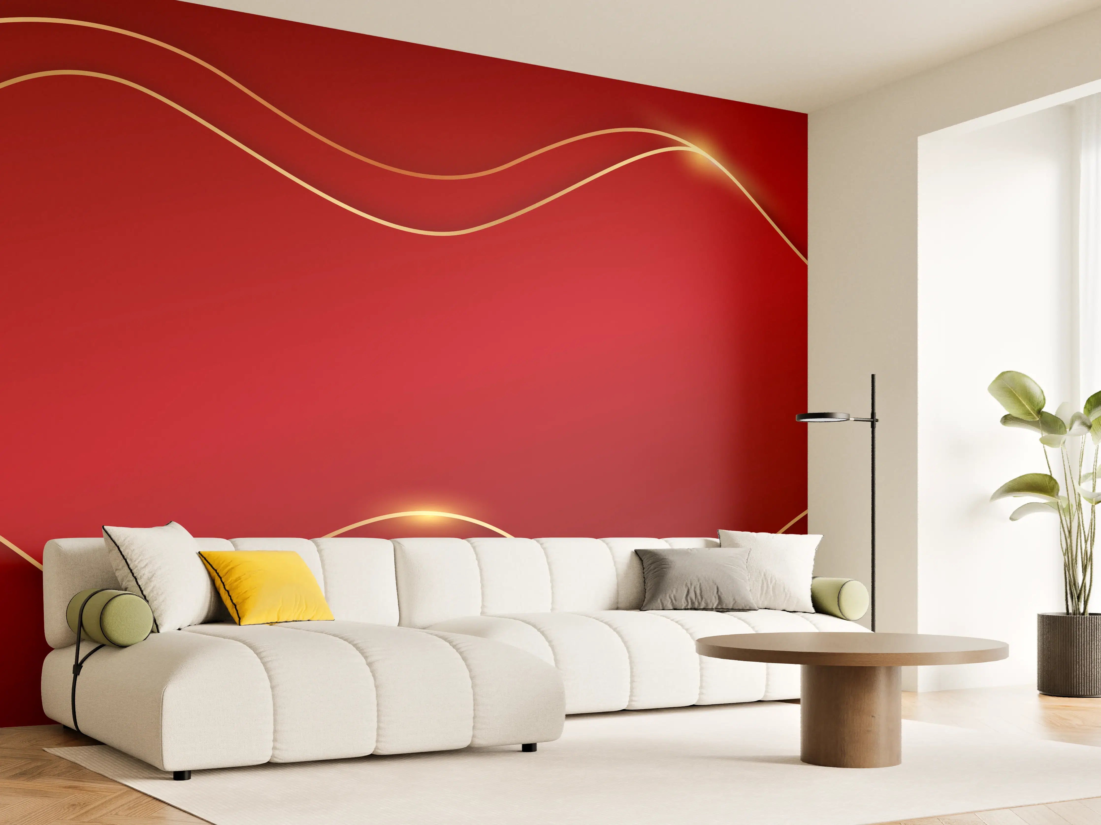 Wandverkleidung Wohnzimmer - Rotes Luxus-Design mit Goldakzenten