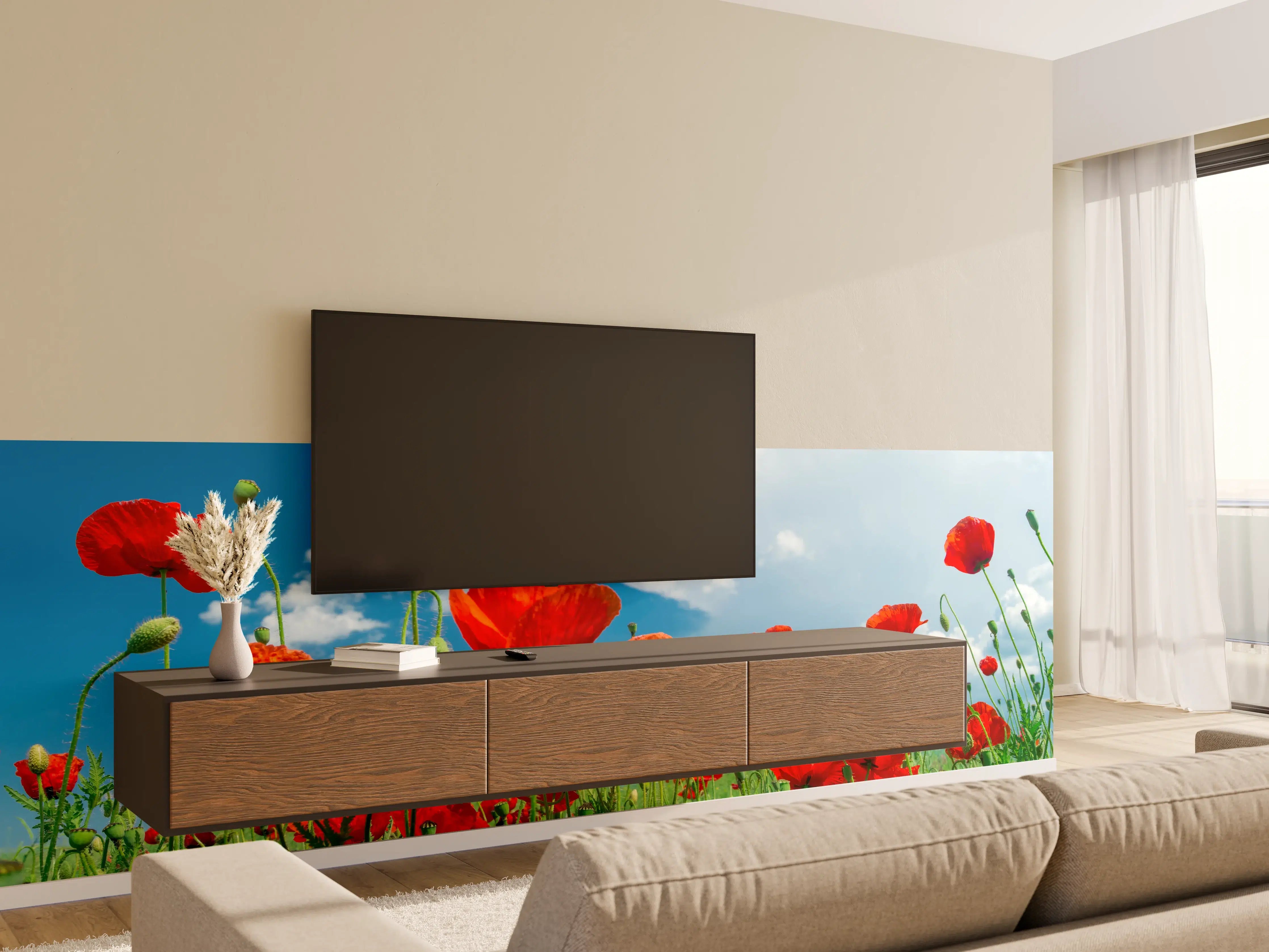 Wandverkleidung Wohnzimmer - Rotes Mohnblumenfeld