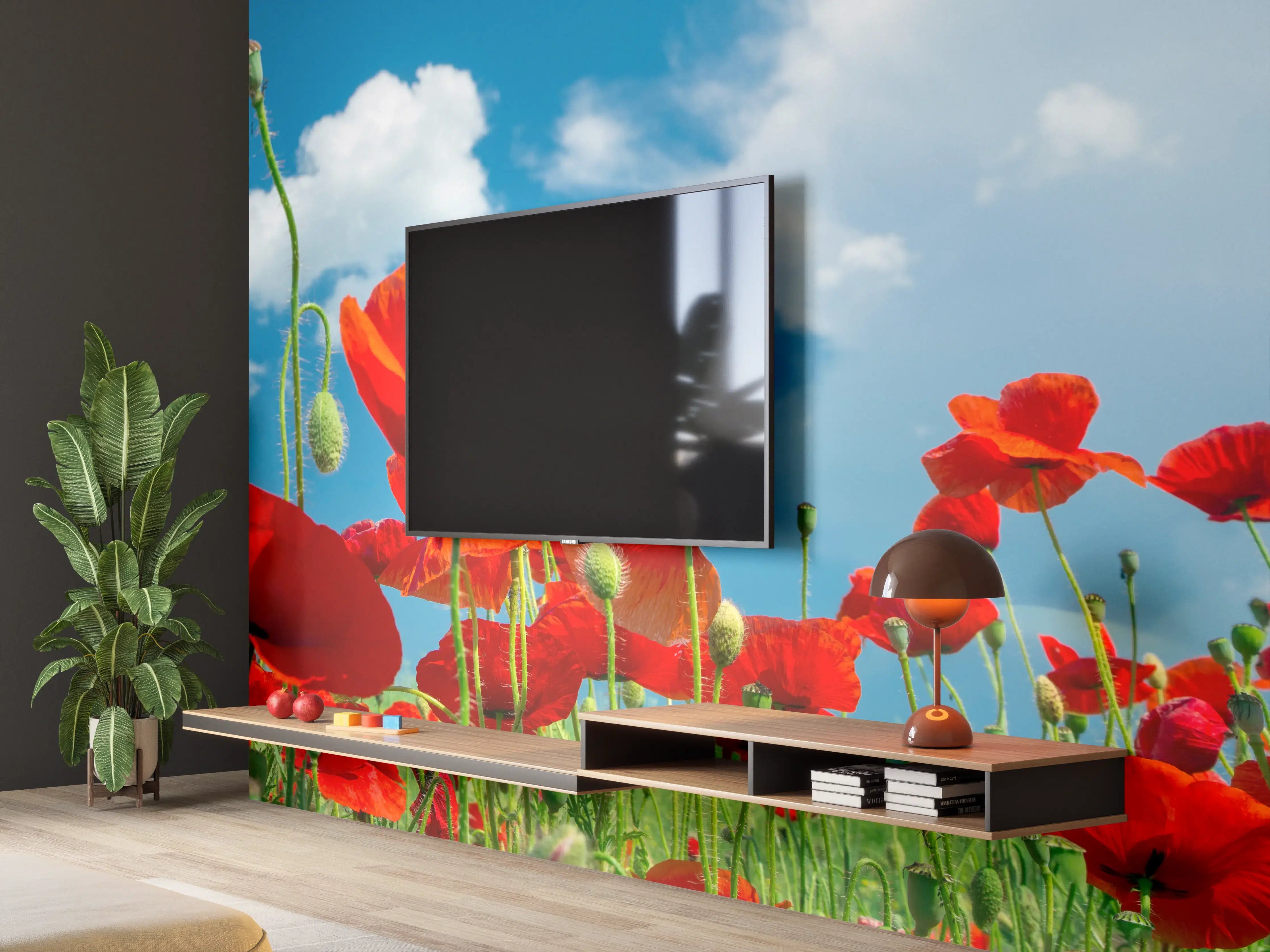 Wandverkleidung Wohnzimmer - Rotes Mohnblumenfeld