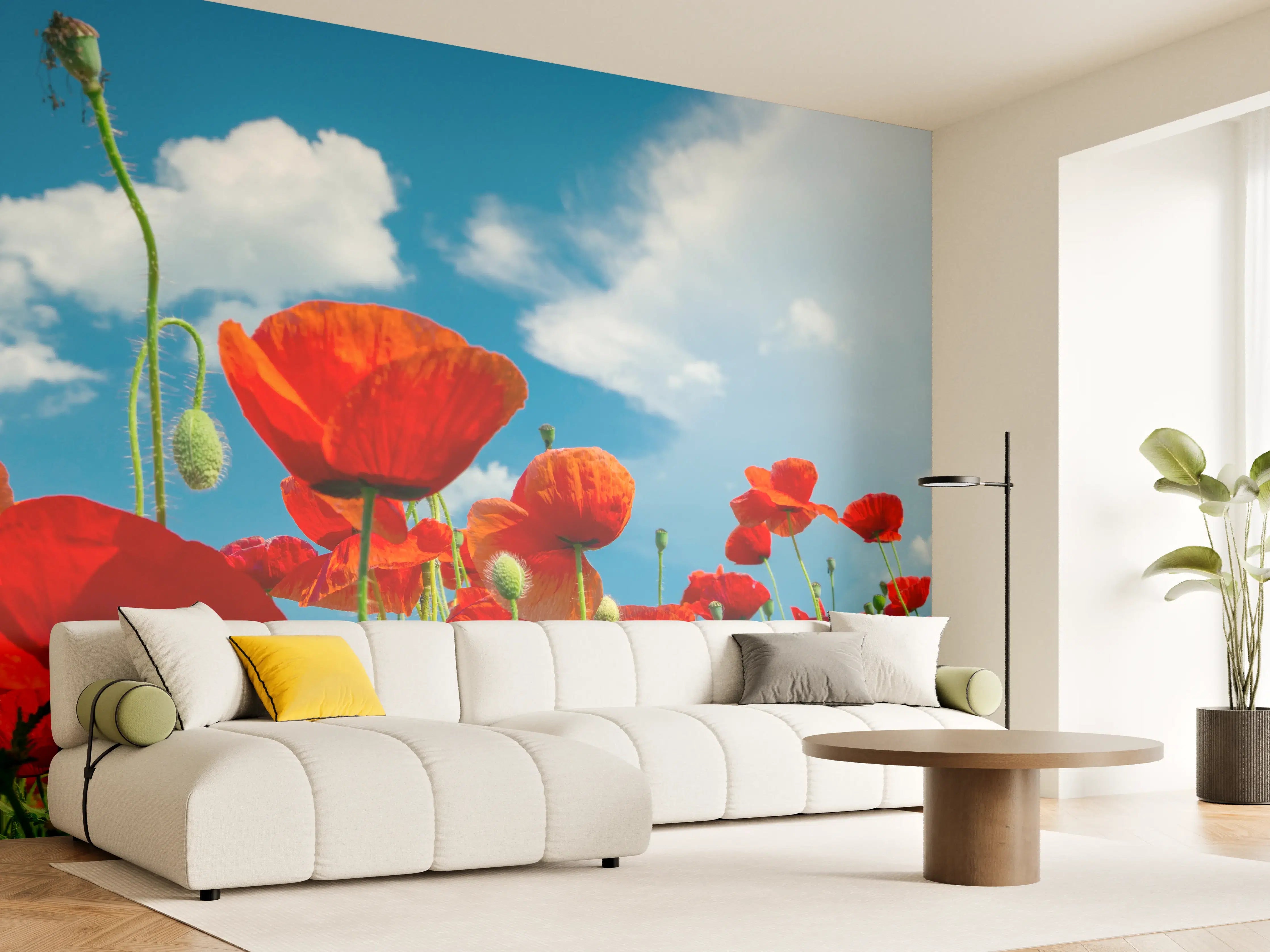 Wandverkleidung Wohnzimmer - Rotes Mohnblumenfeld