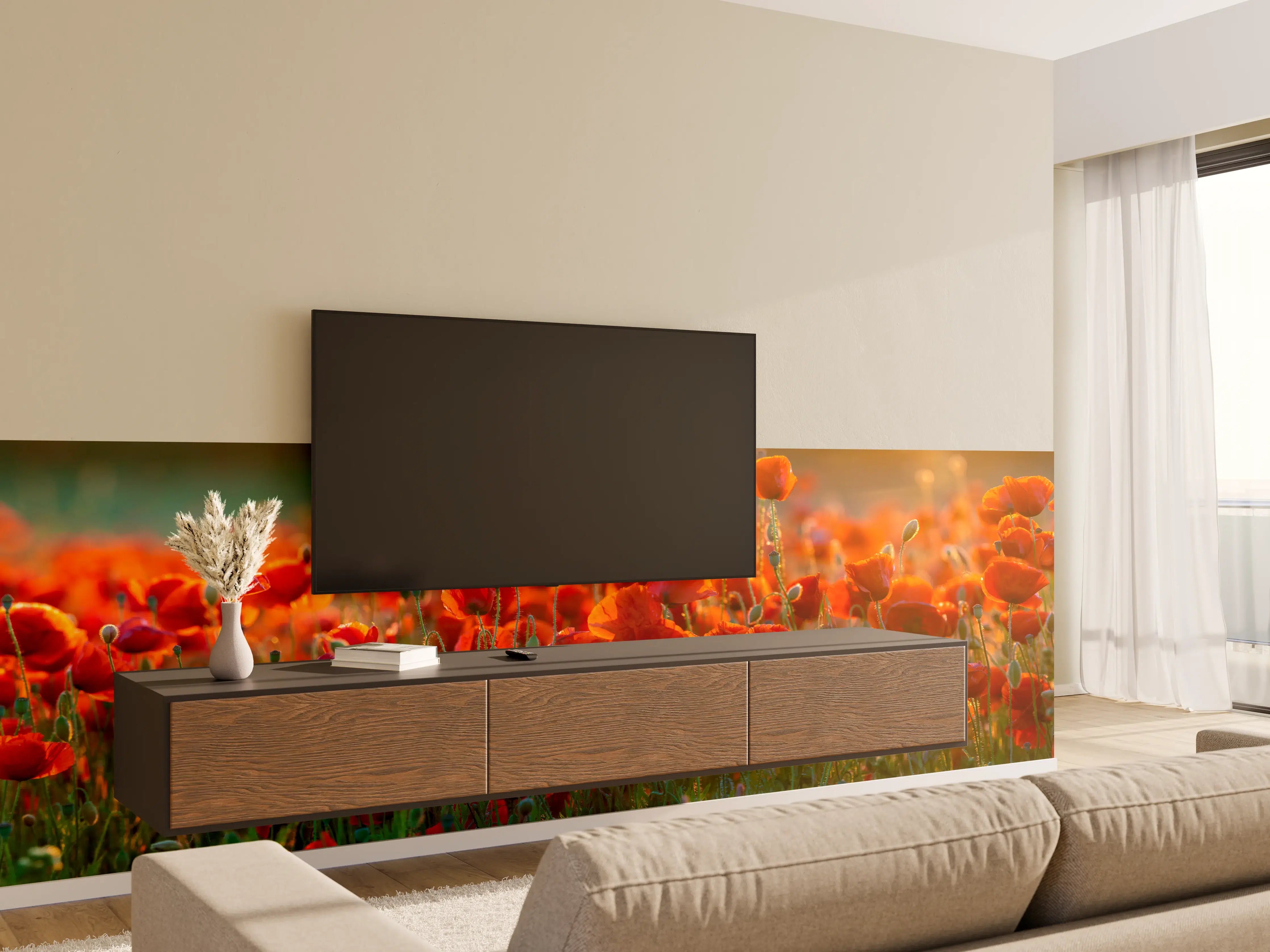 Wandverkleidung Wohnzimmer - Rotes Mohnfeld Panorama