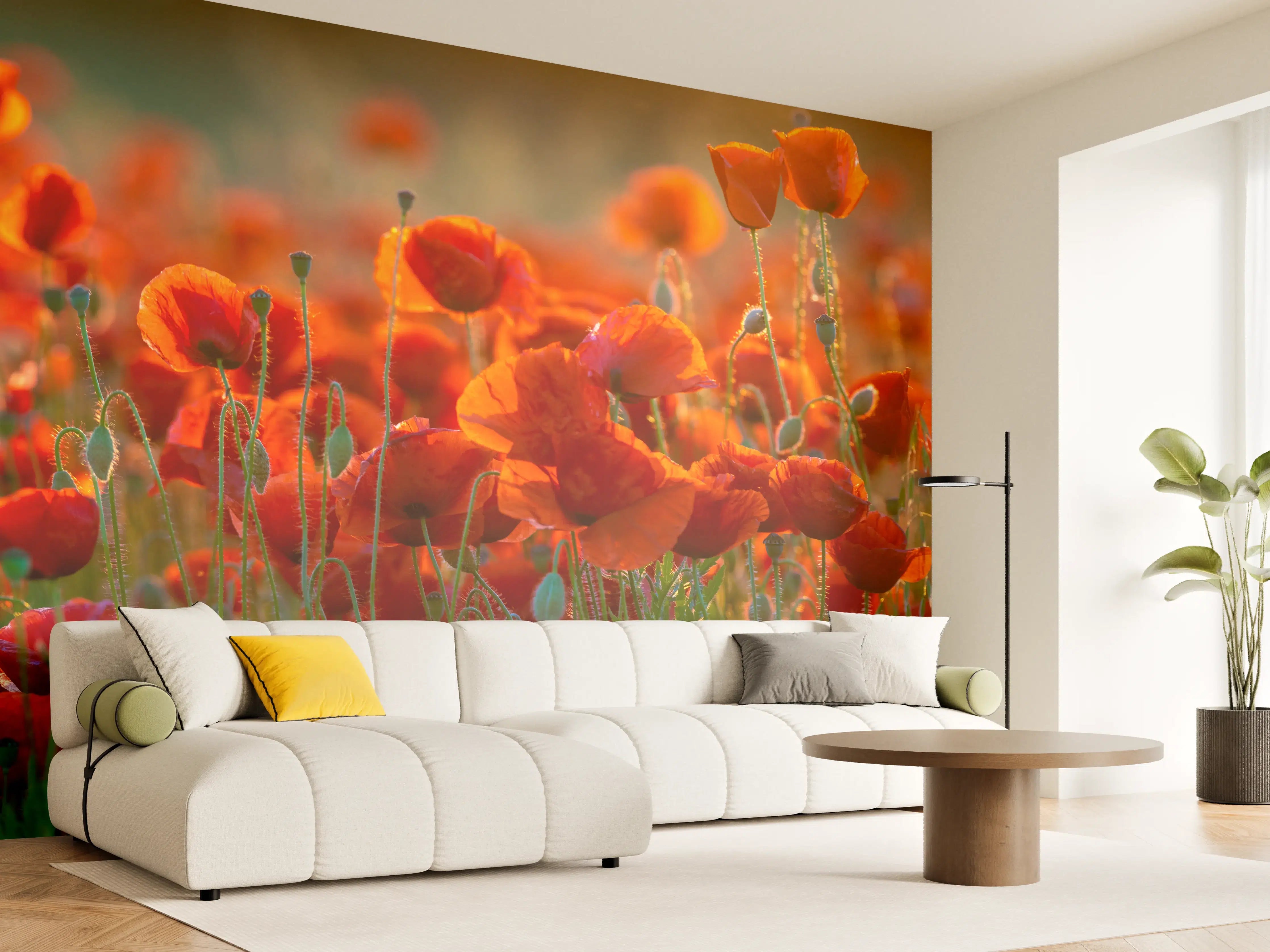 Wandverkleidung Wohnzimmer - Rotes Mohnfeld Panorama