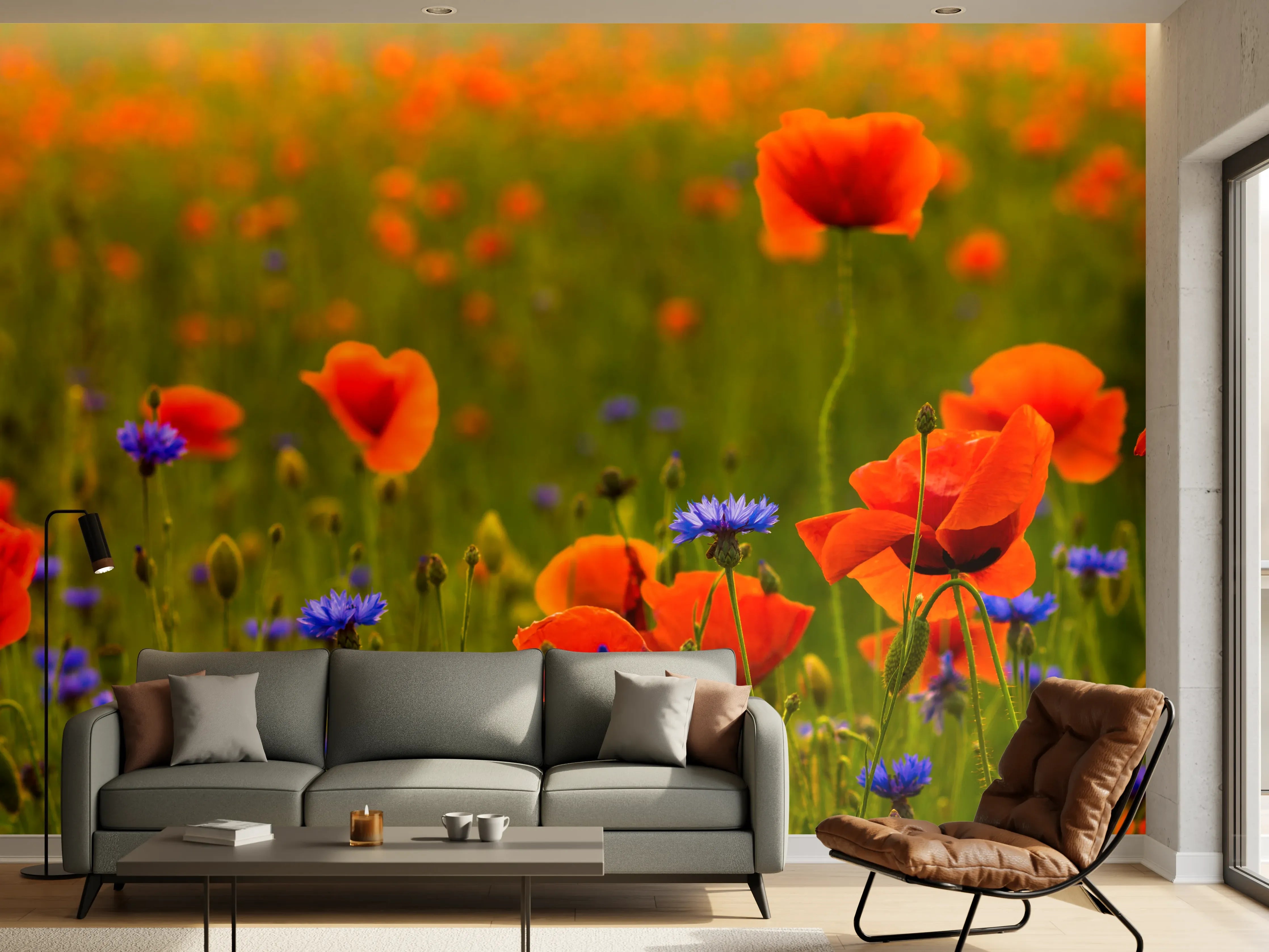 Wandverkleidung Wohnzimmer - Rotes Mohnfeld mit Kornblumen