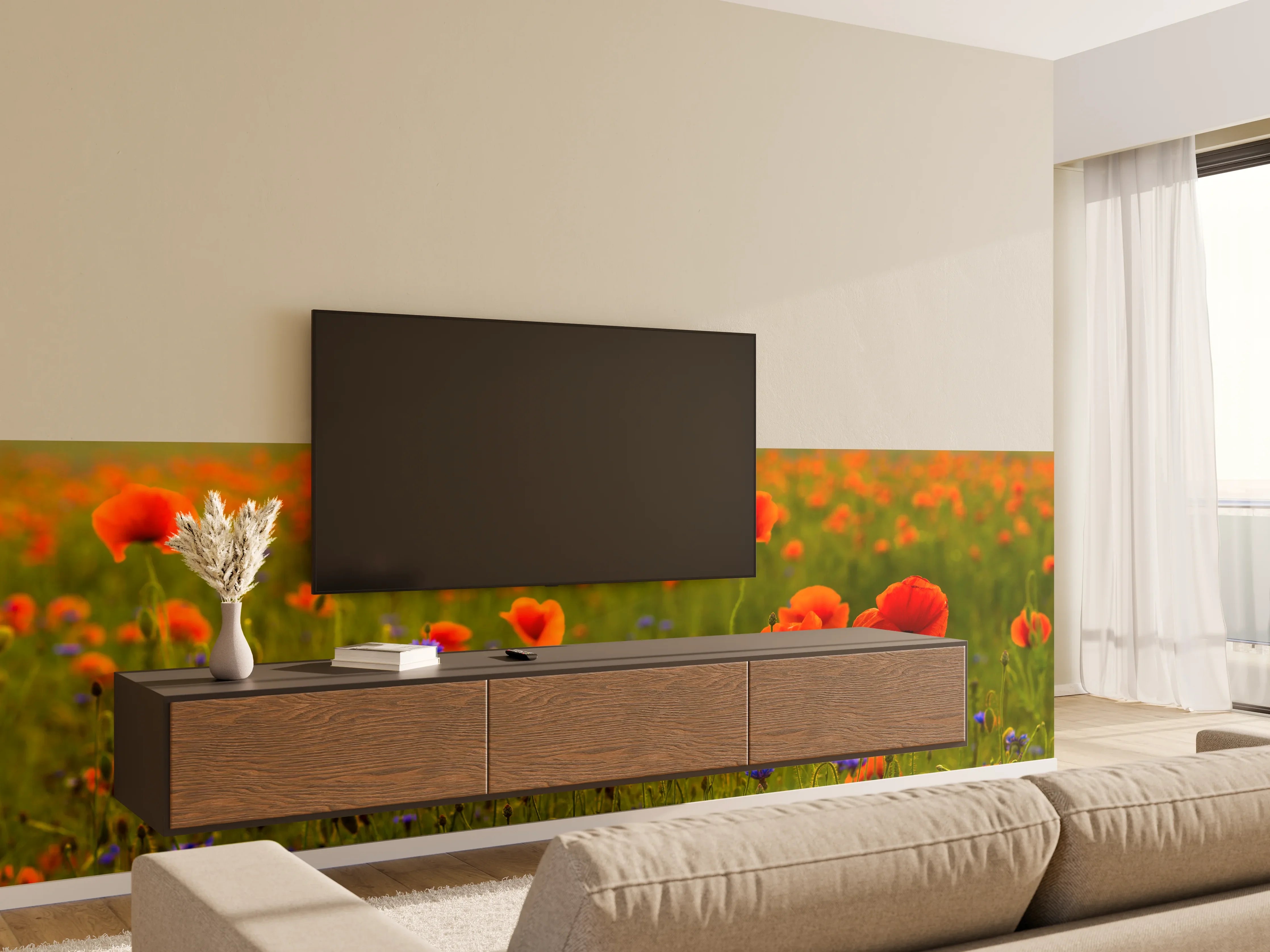 Wandverkleidung Wohnzimmer - Rotes Mohnfeld mit Kornblumen