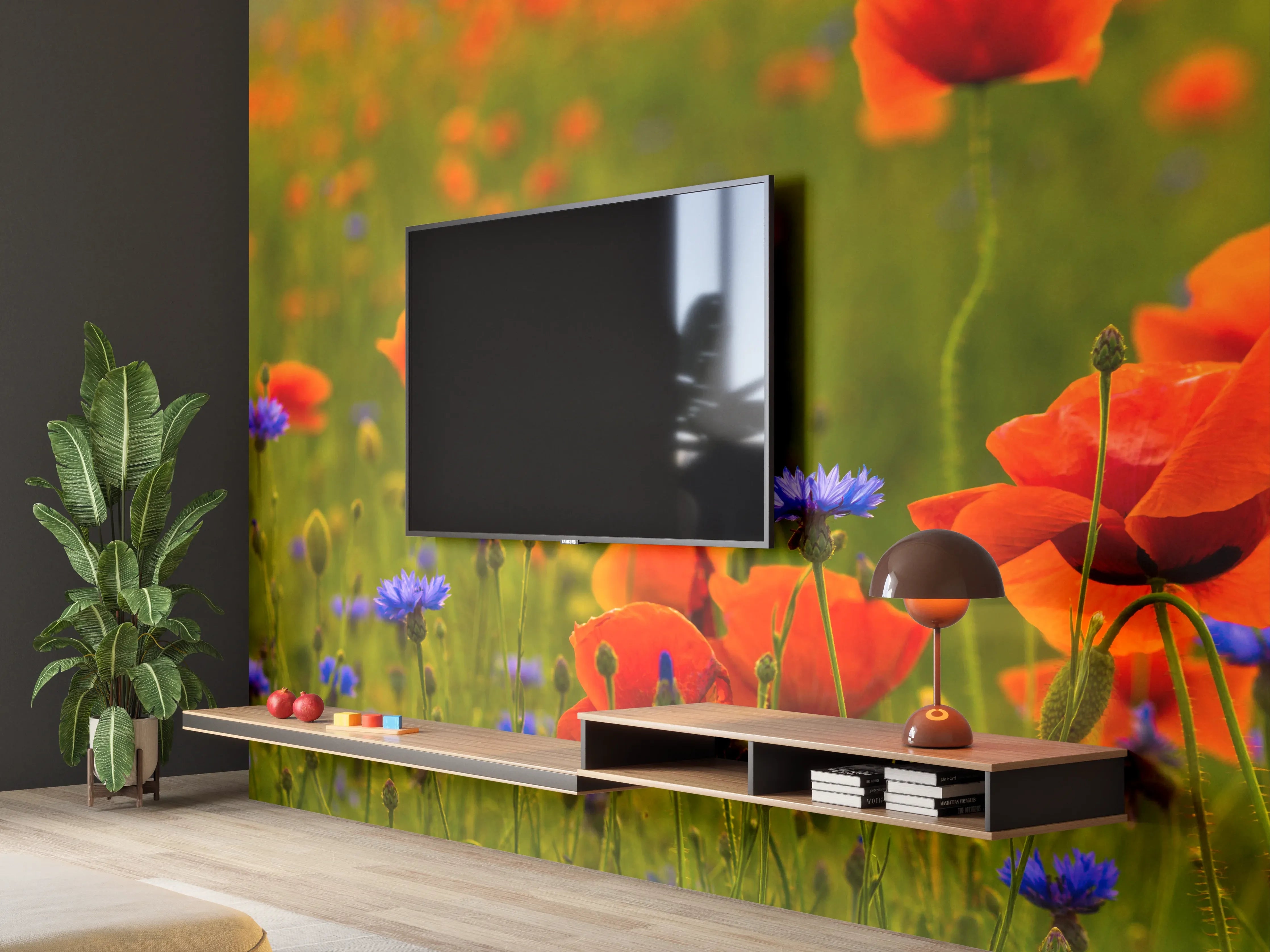 Wandverkleidung Wohnzimmer - Rotes Mohnfeld mit Kornblumen