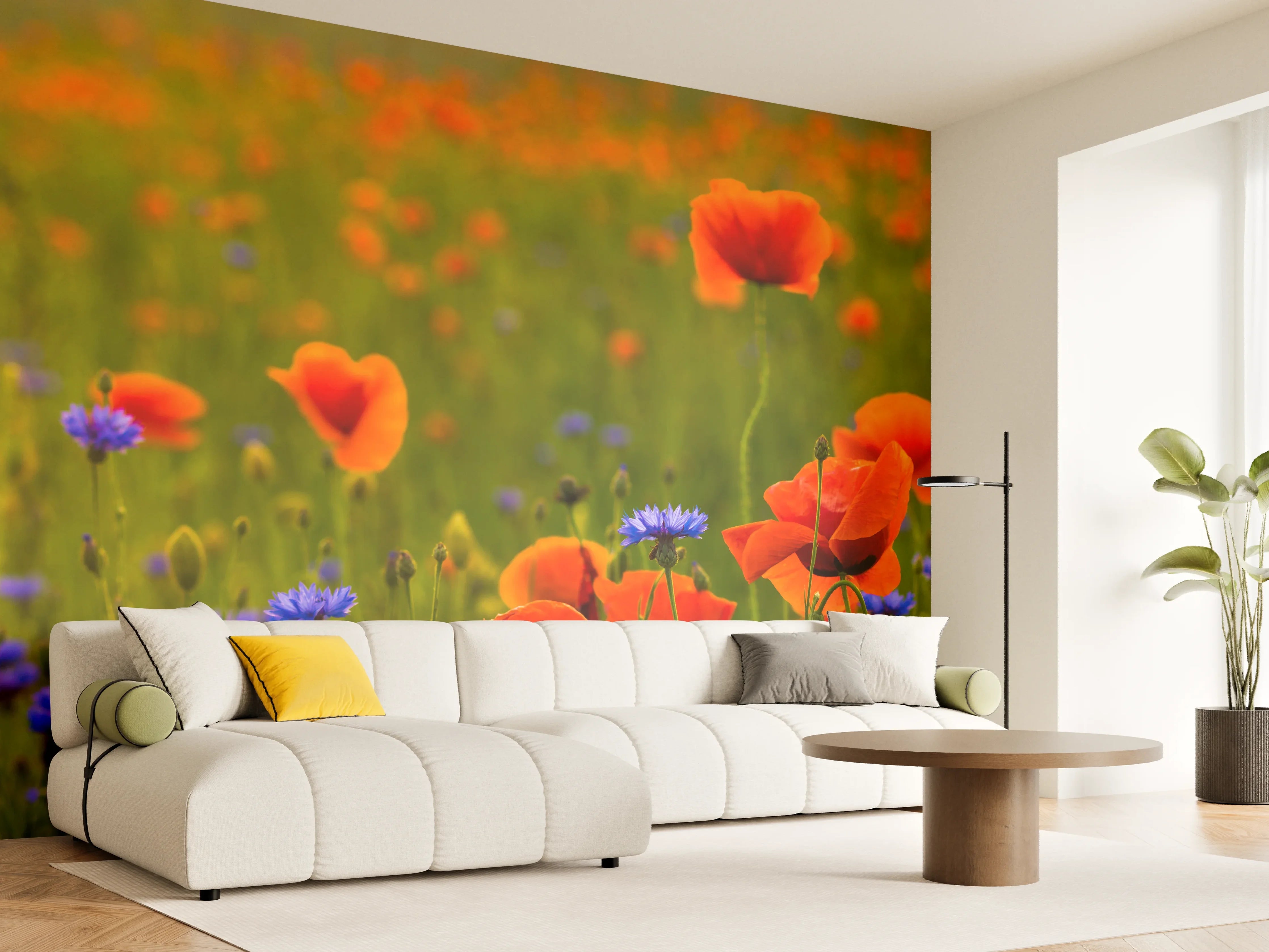 Wandverkleidung Wohnzimmer - Rotes Mohnfeld mit Kornblumen
