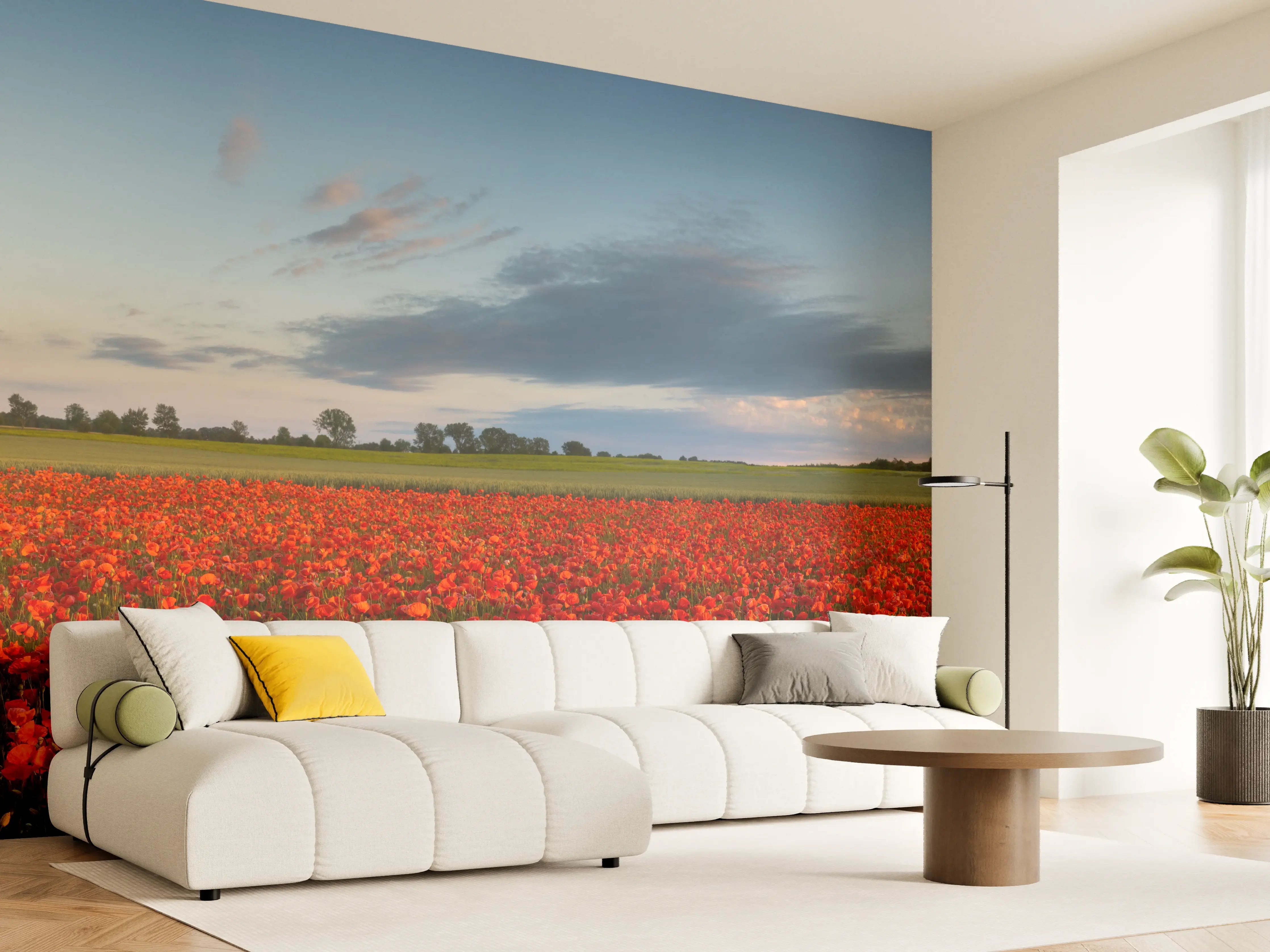 Wandverkleidung Wohnzimmer - Rotes Mohnfeld unter blauem Himmel