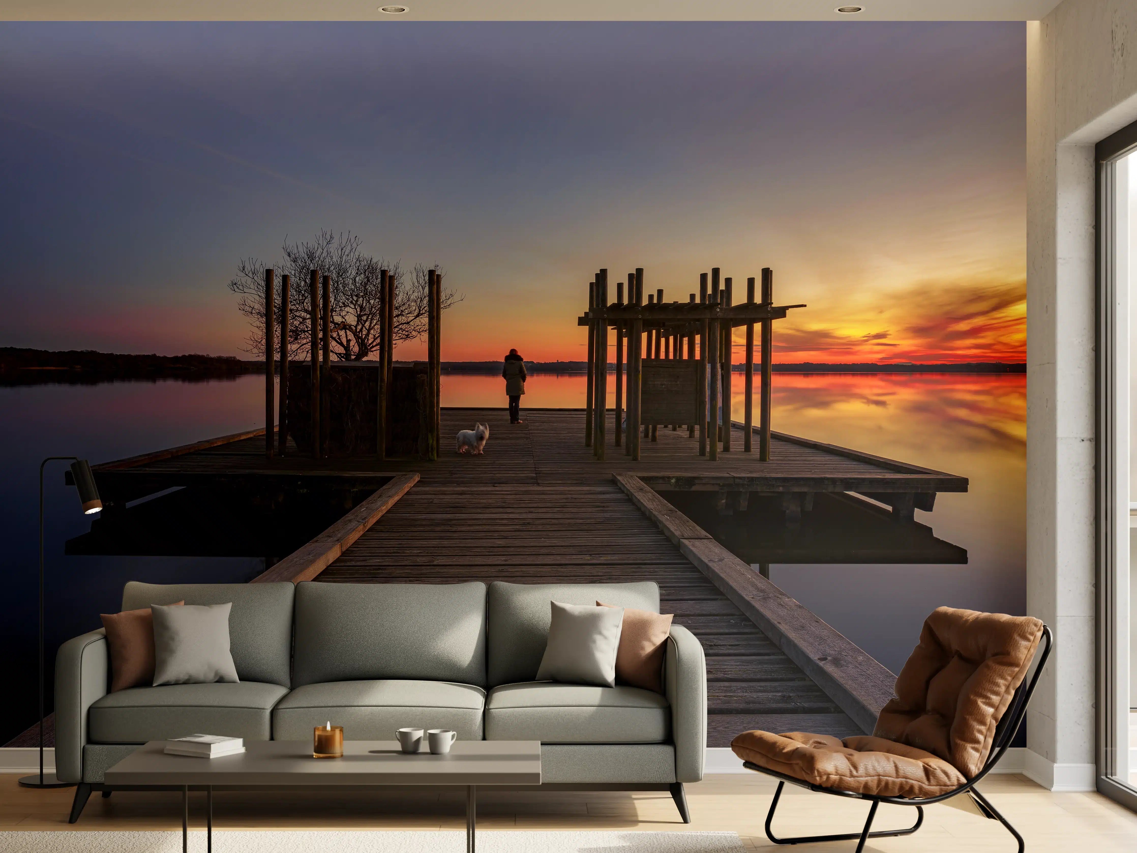 Wandverkleidung Wohnzimmer - Ruhiger See bei Sonnenuntergang