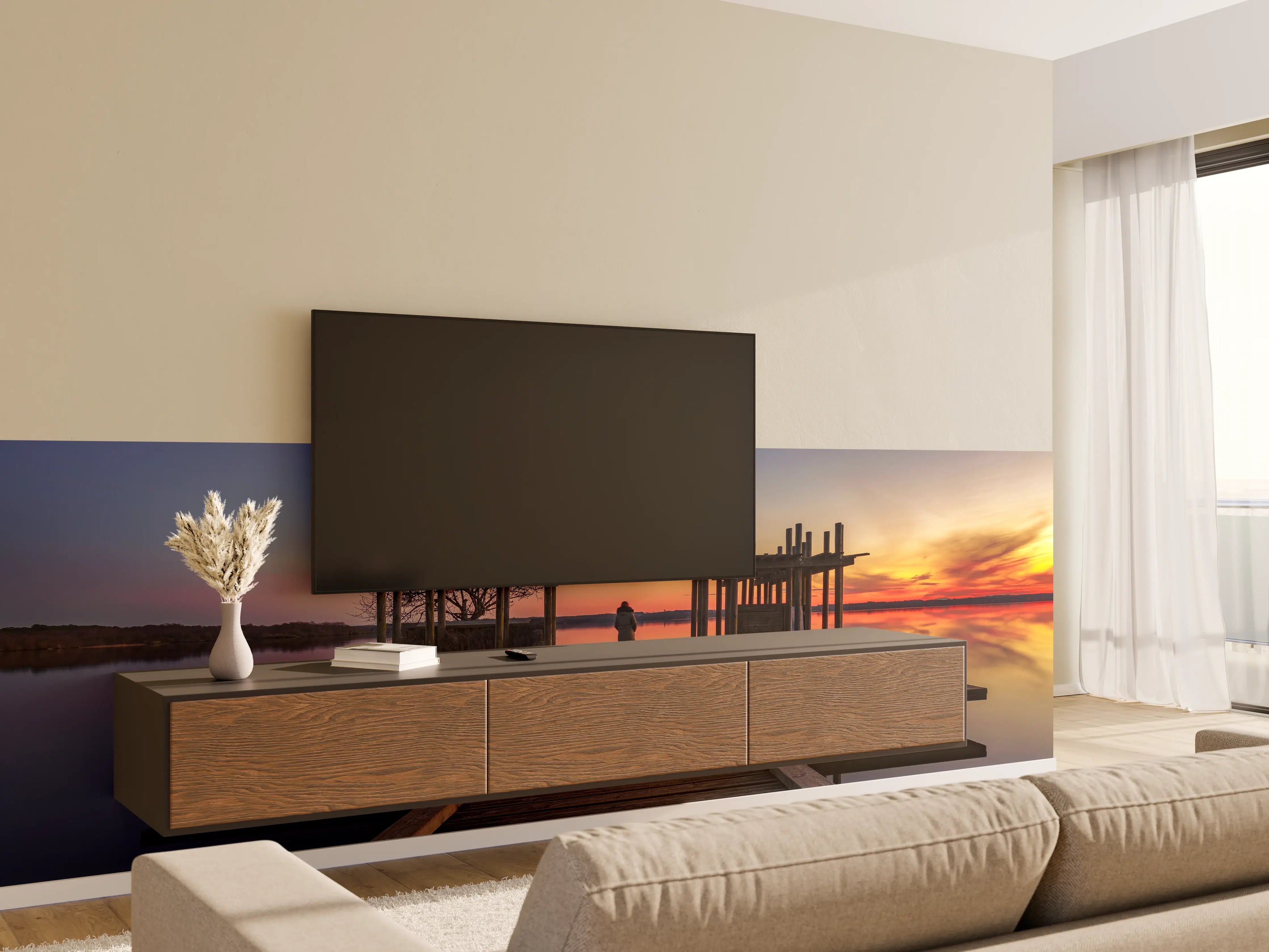 Wandverkleidung Wohnzimmer - Ruhiger See bei Sonnenuntergang
