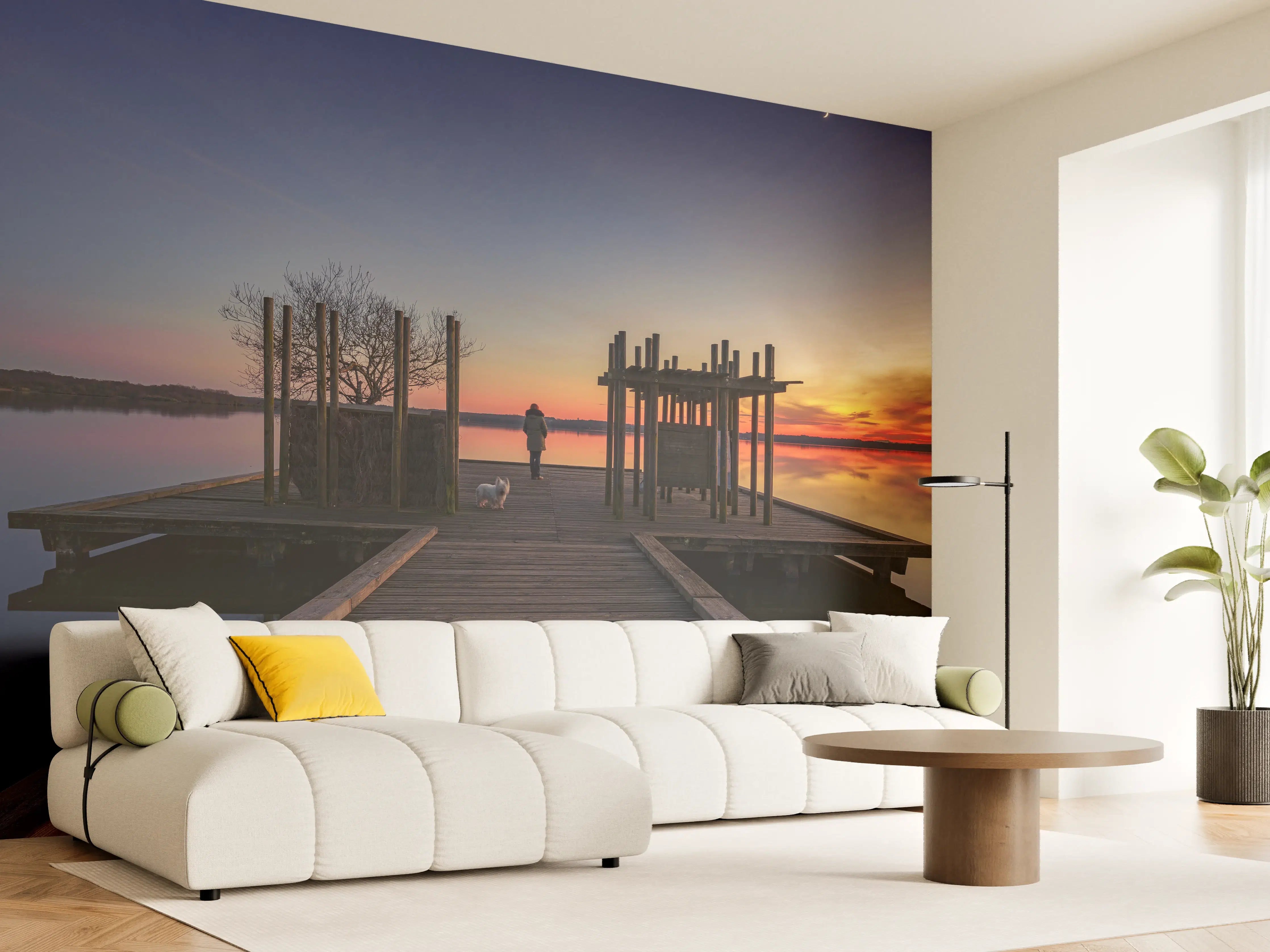 Wandverkleidung Wohnzimmer - Ruhiger See bei Sonnenuntergang