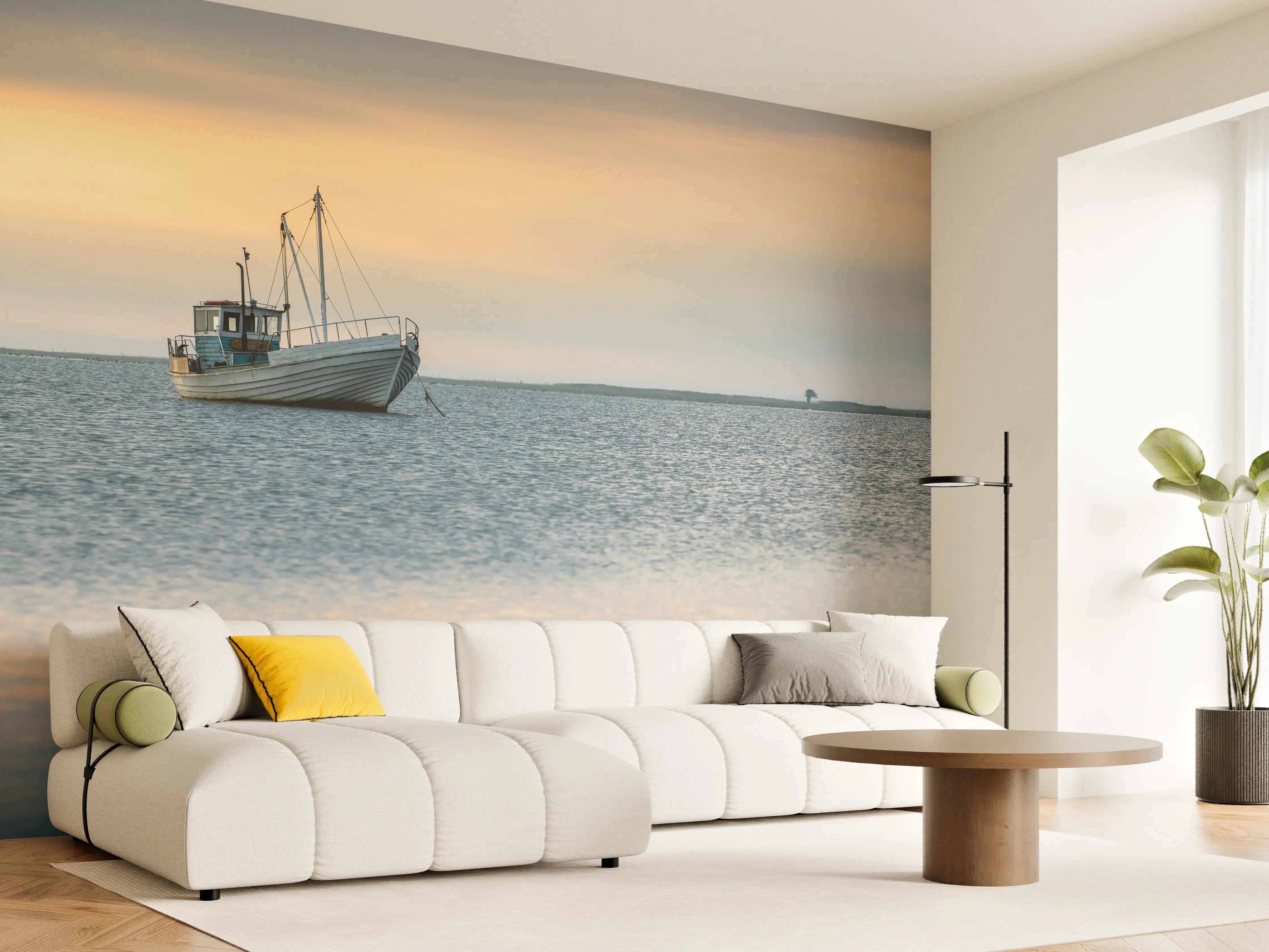 Wandverkleidung Wohnzimmer - Ruhiges Boot auf dem Wasser
