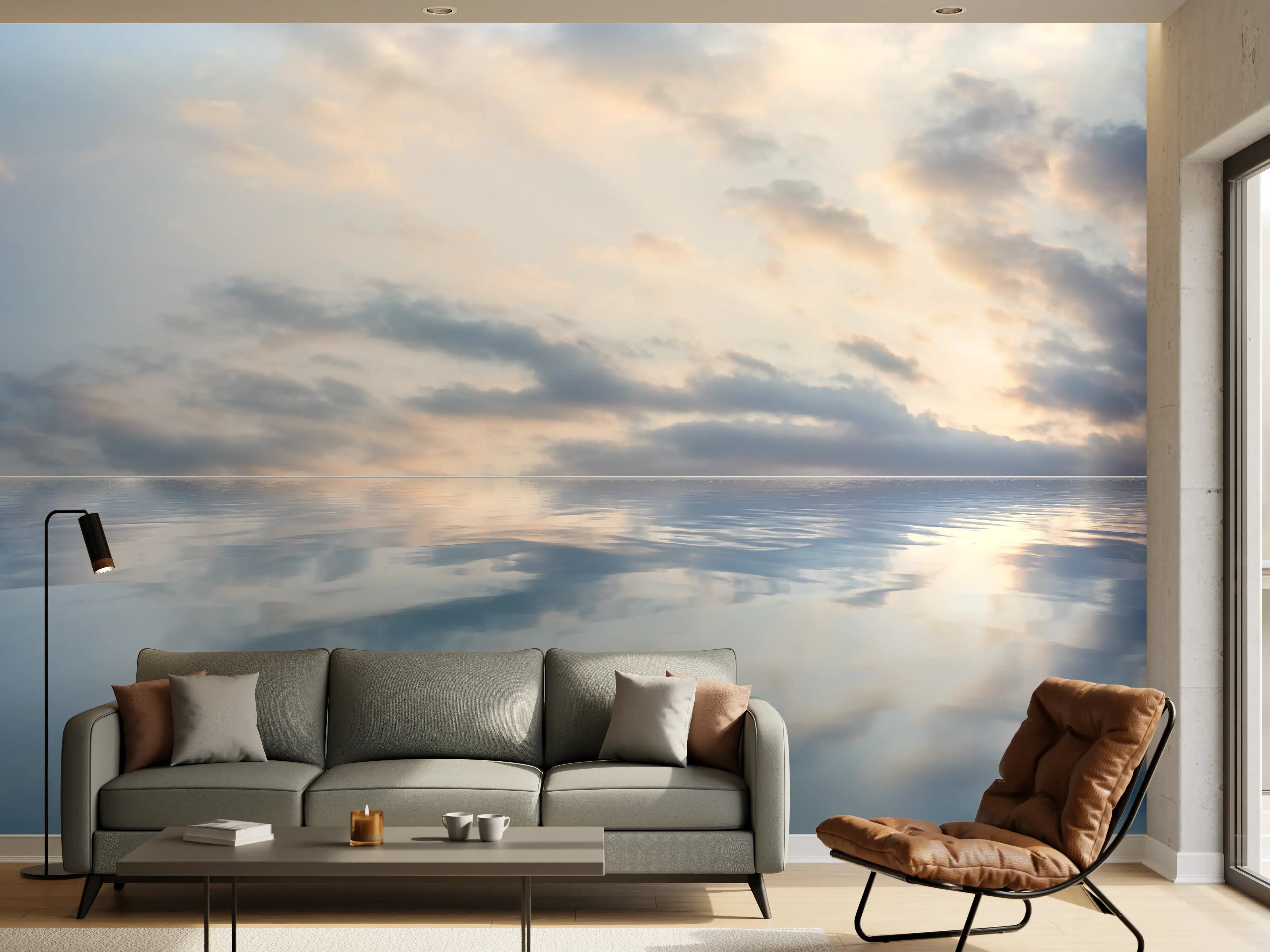 Wandverkleidung Wohnzimmer - Ruhiges Wasser mit sanften Wolkenstrukturen