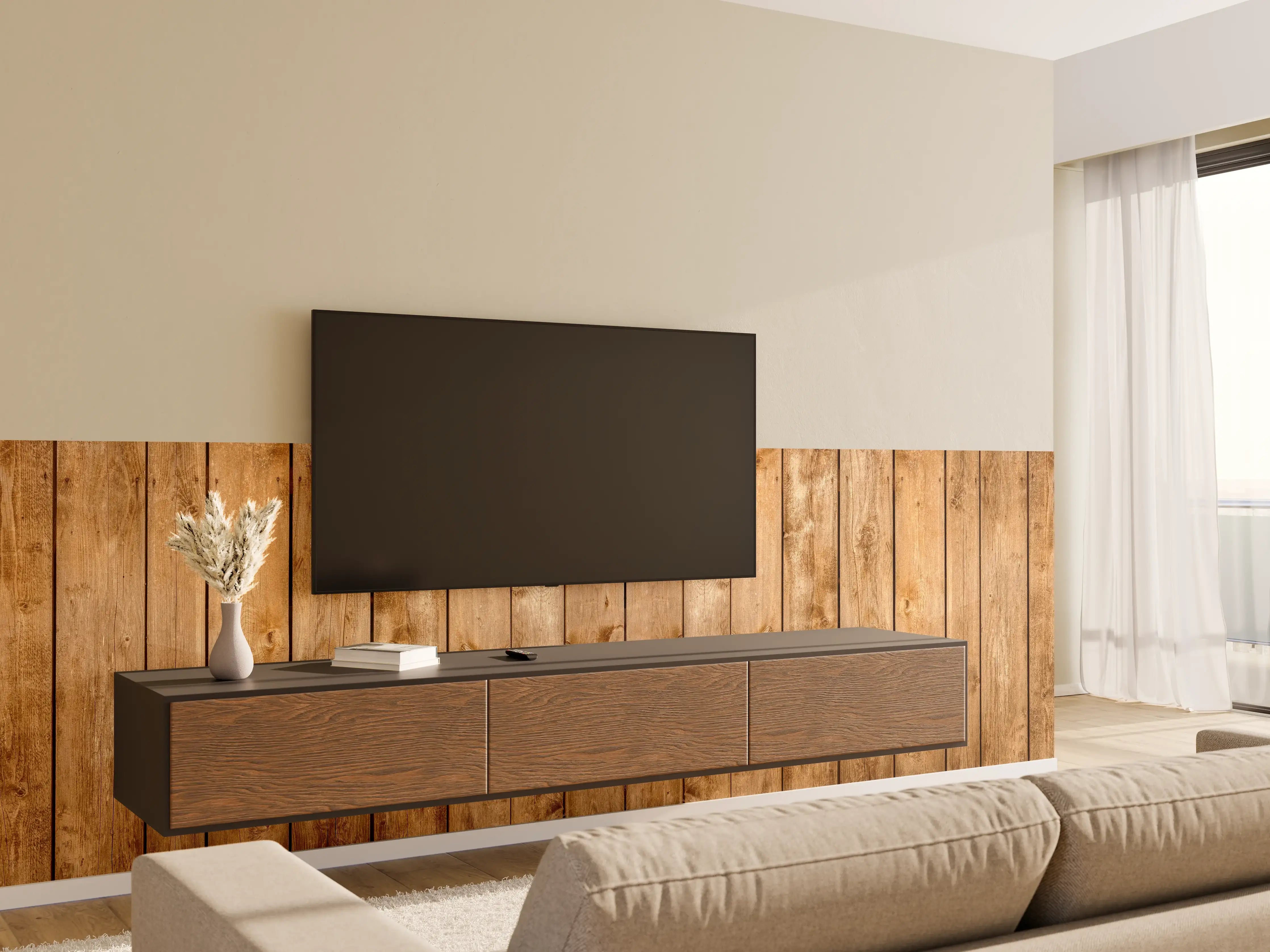Wandverkleidung Wohnzimmer - Rustikale Holzpaneele Braun